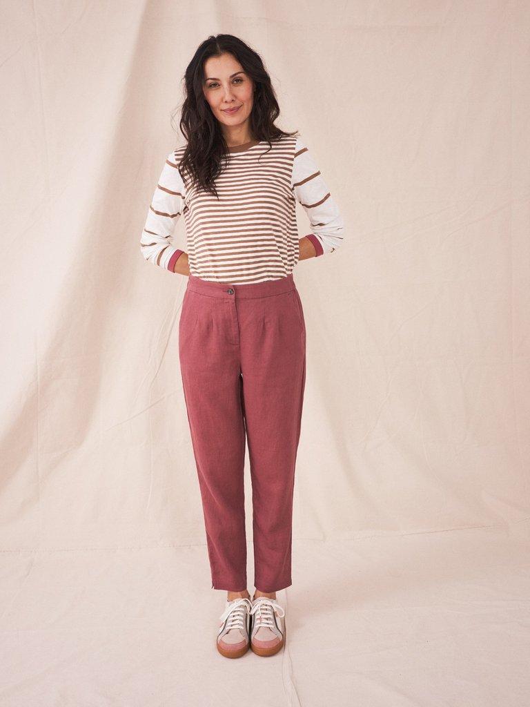 Maddie Linen Trouser in MID PLUM - MODEL FRONT