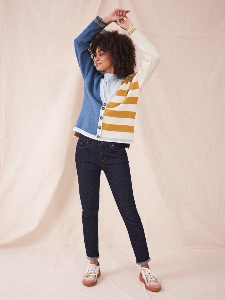 Eimear Reversible Cardi in BLUE MLT - MODEL FRONT