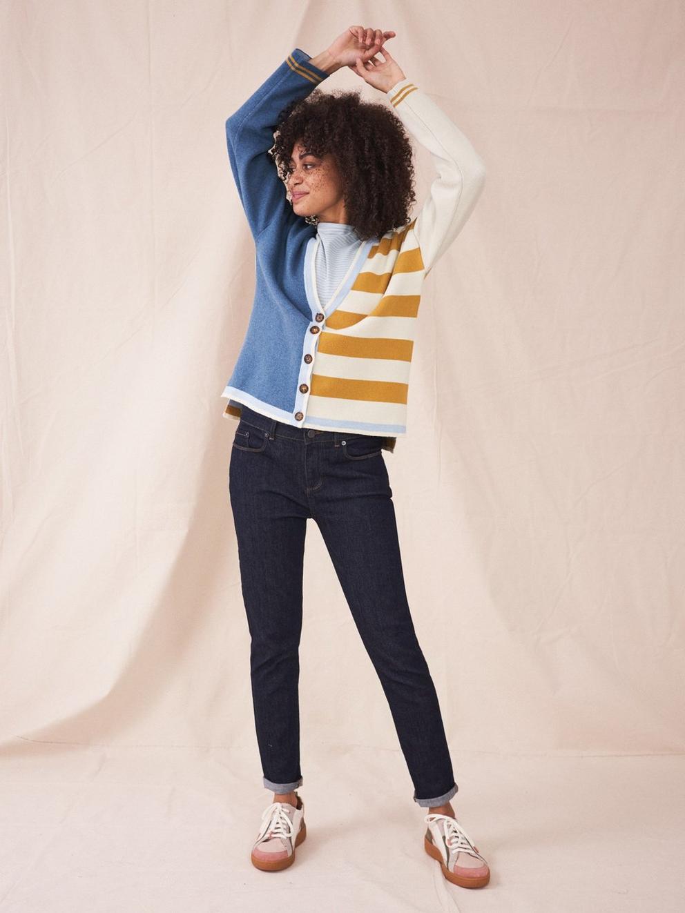 Eimear Reversible Cardi in BLUE MLT - MODEL FRONT