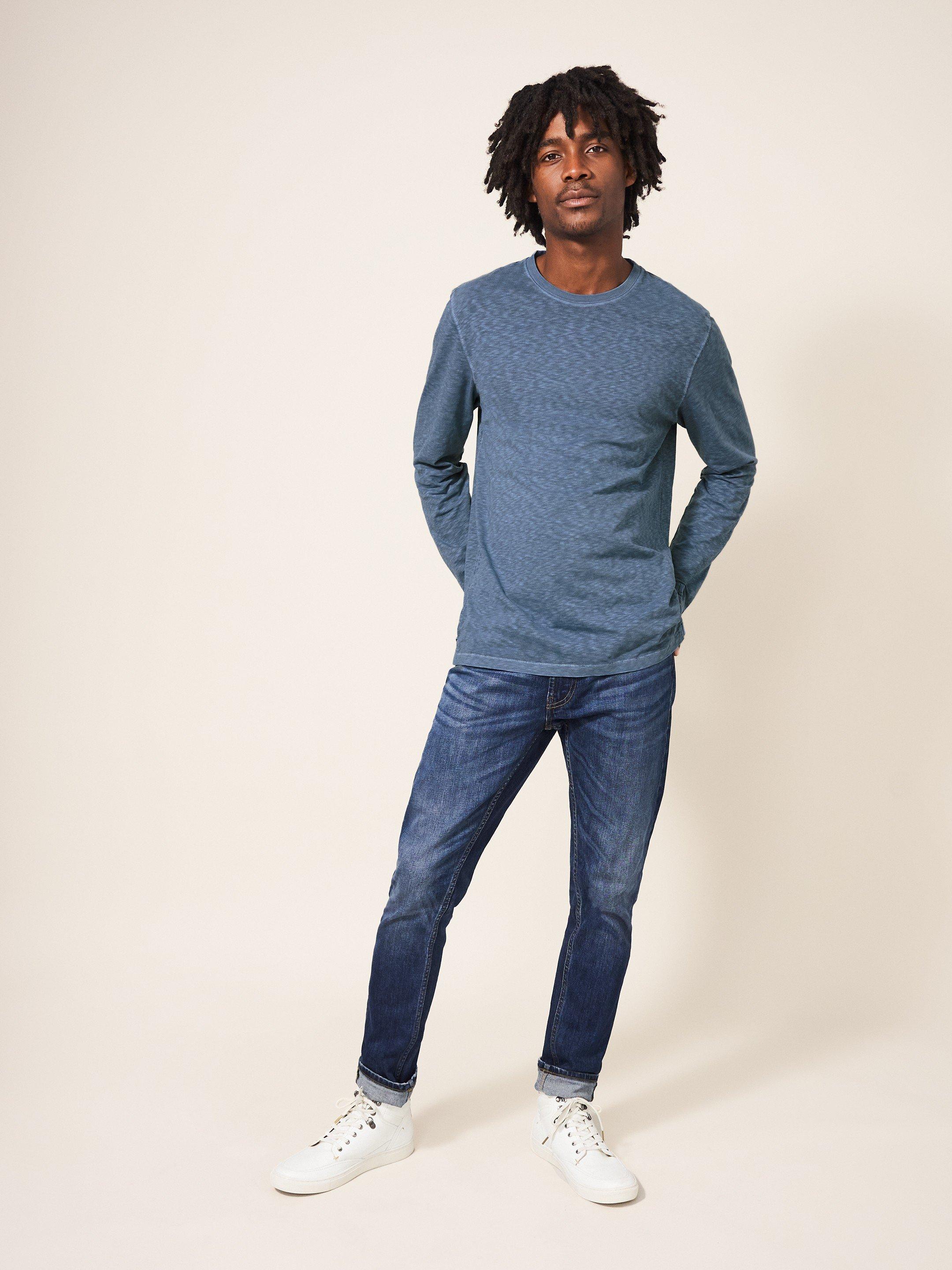 Long Sleeve Abersoch Tee in MID BLUE - MODEL FRONT