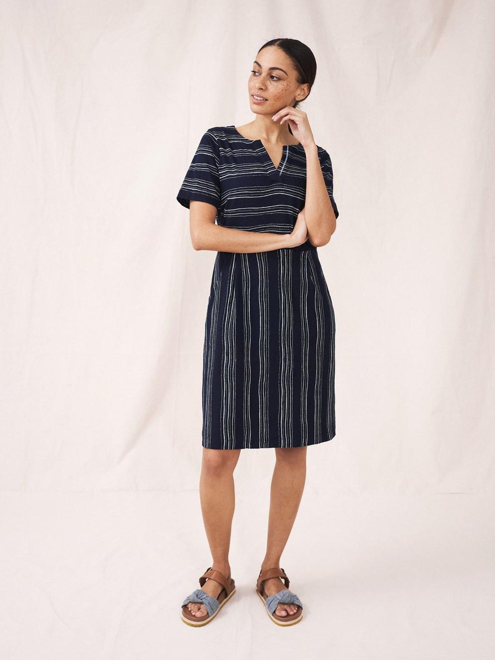 Ruby Jersey Dress (Cotton) in NAVY MULTI - MODEL DETAIL
