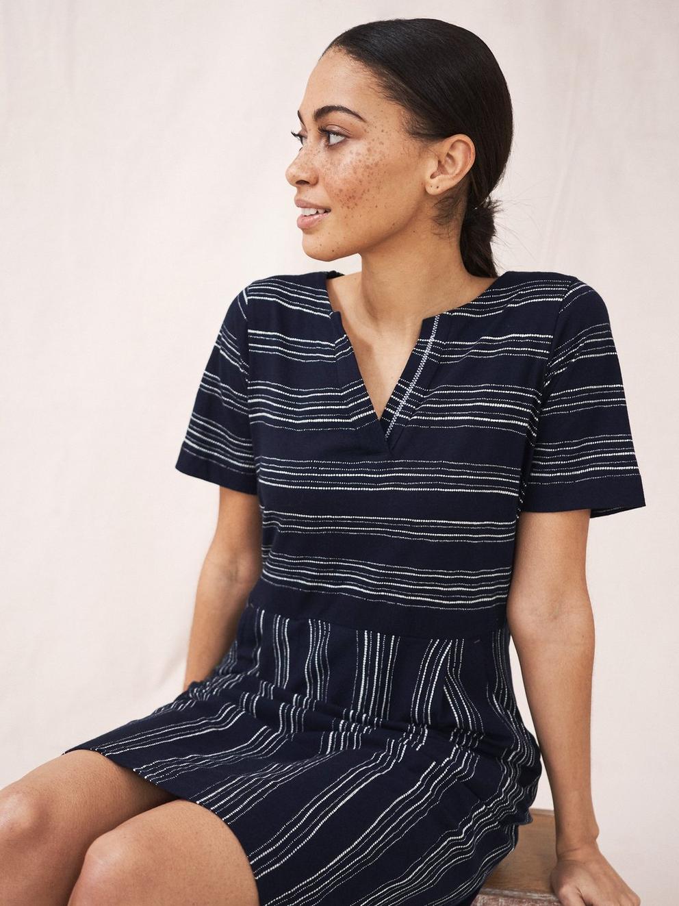 Ruby Jersey Dress (Cotton) in NAVY MULTI - MODEL FRONT