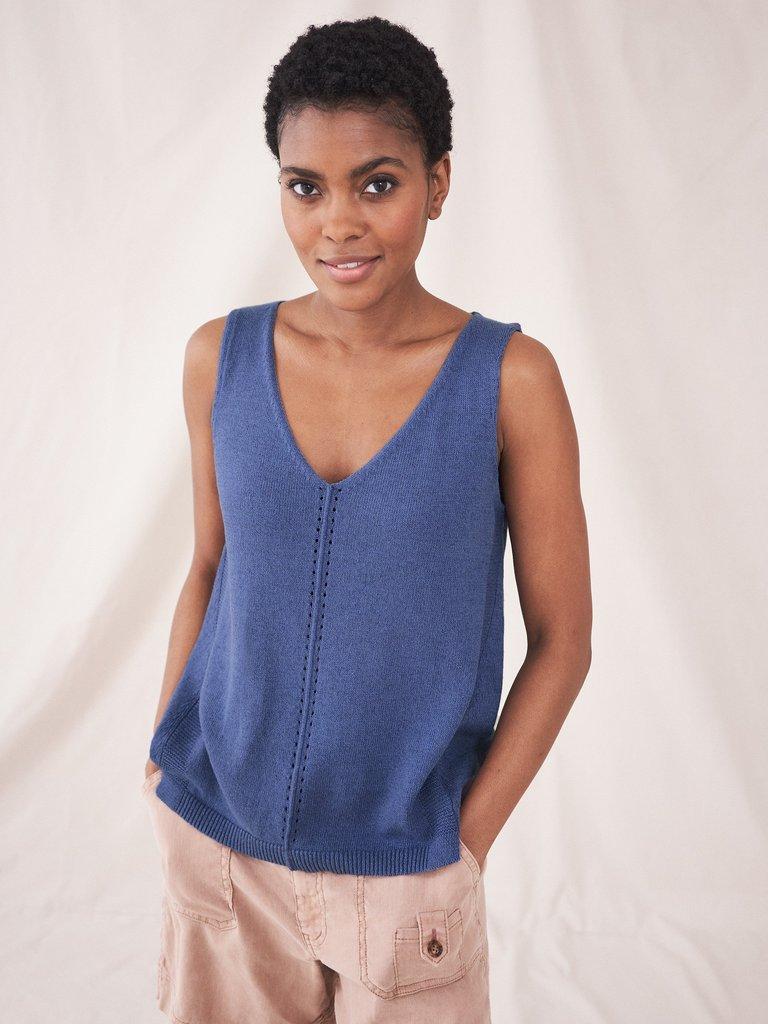 Tallulah Knit Vest in MID BLUE - MODEL FRONT