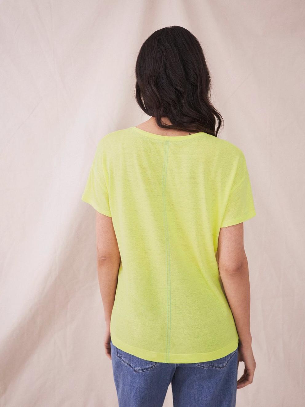 Voop Neck Linen Tee in BRT GREEN - MODEL BACK