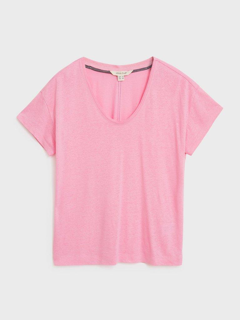 Voop Neck Linen Tee in BRT PINK - FLAT FRONT