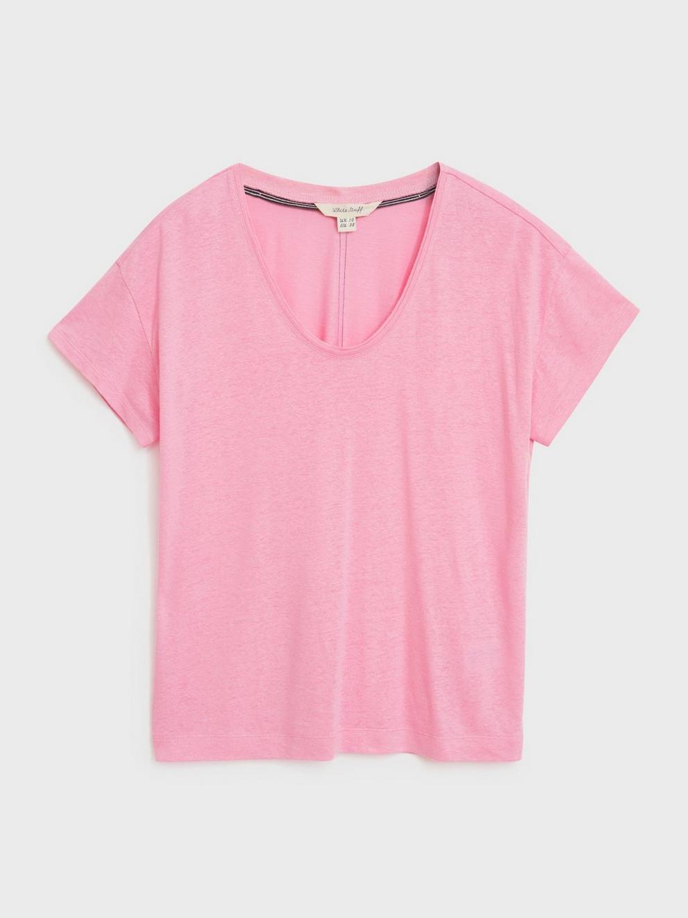 Voop Neck Linen Tee in BRT PINK - FLAT FRONT