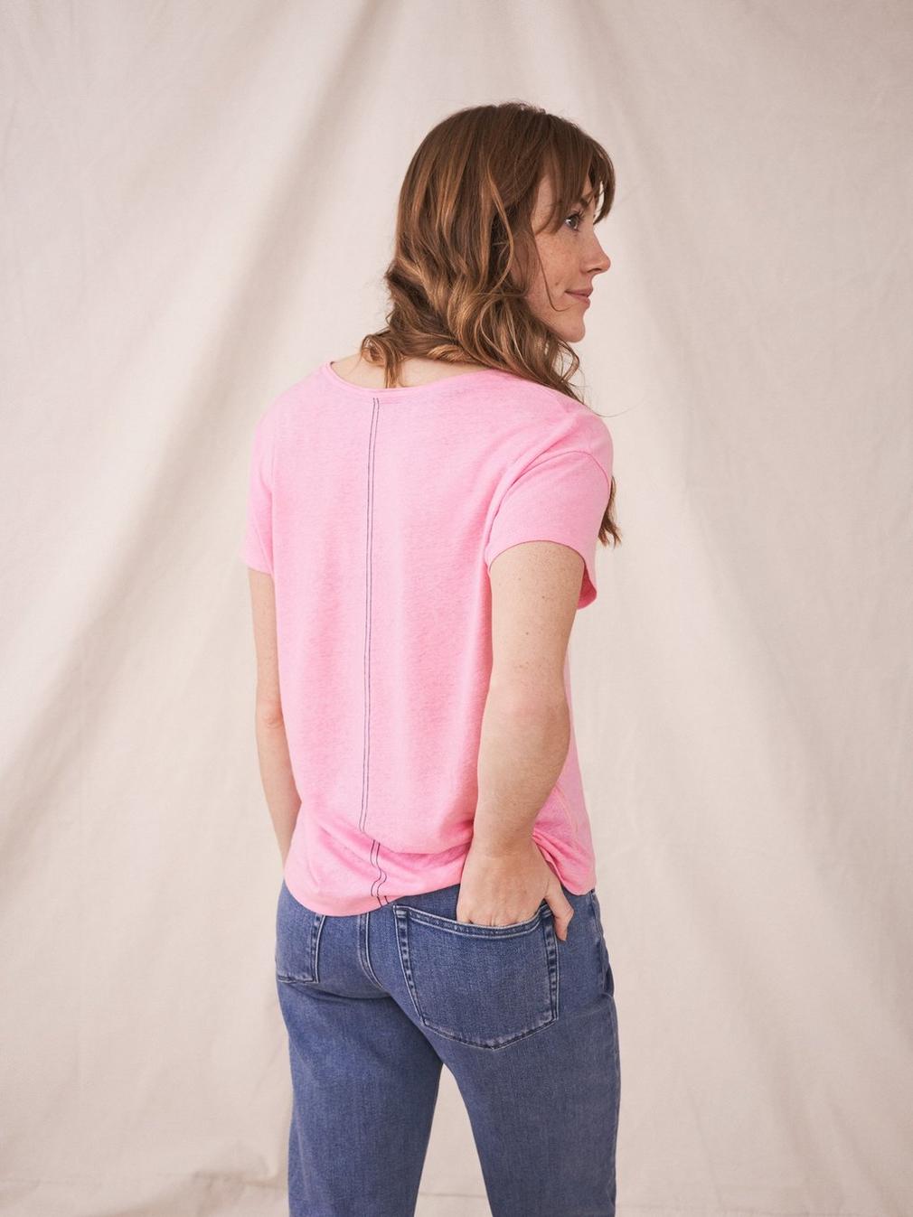 Voop Neck Linen Tee in BRT PINK - MODEL BACK