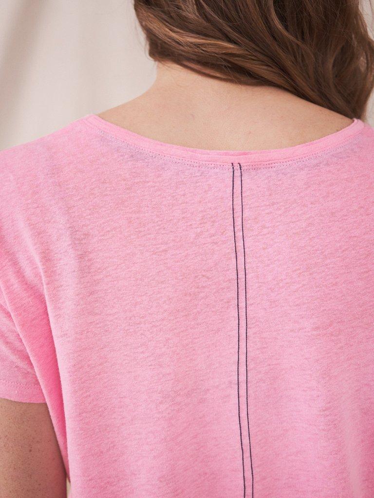 Voop Neck Linen Tee in BRT PINK - MODEL DETAIL