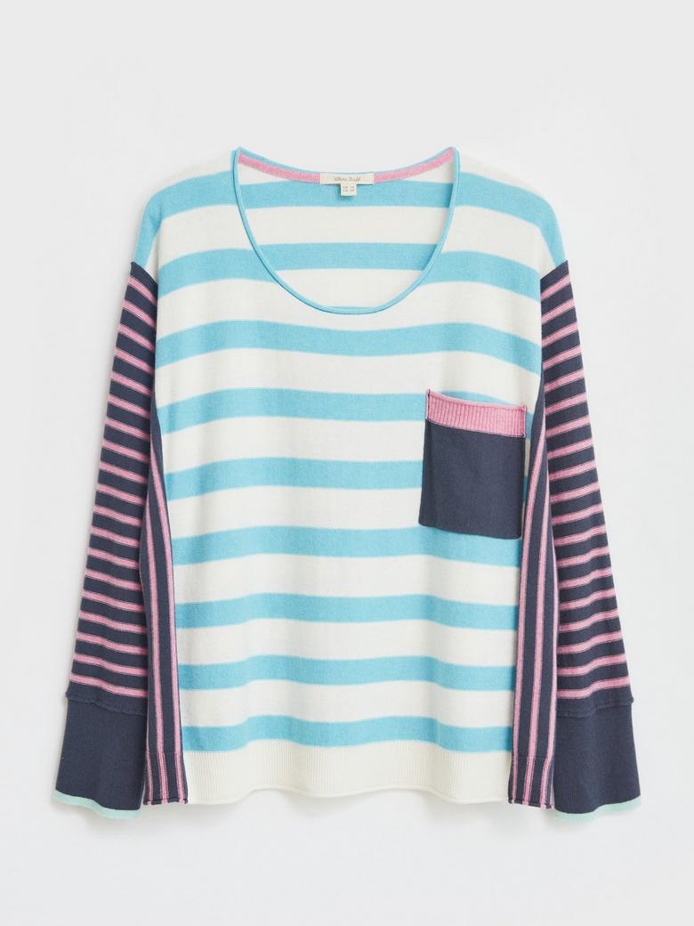 White Stuff Women's Mixed Striped Jumper Casual 3/4 Sleeve Soft Round ...