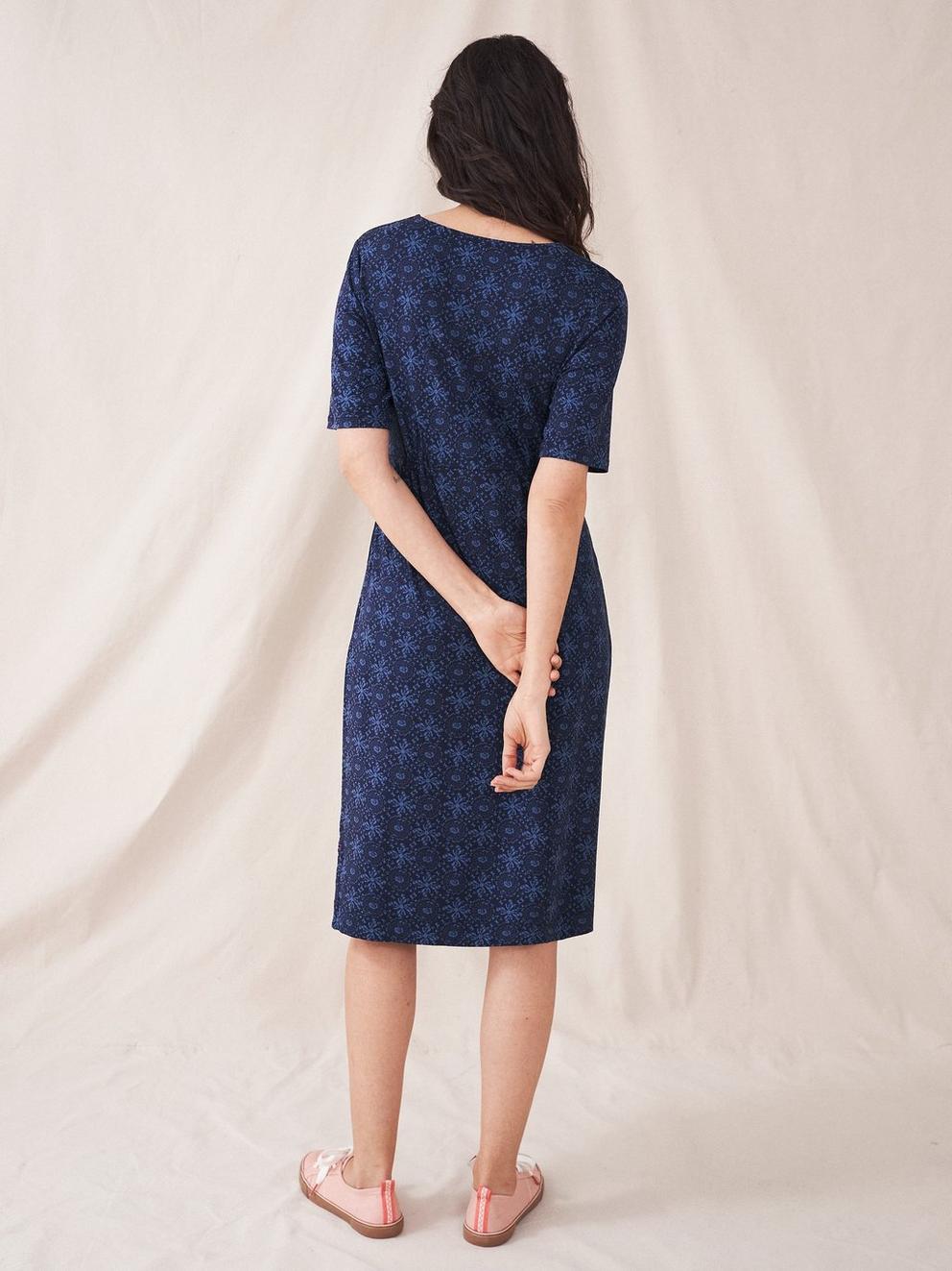 Kara Eco Vero Jersey Dress in NAVY MULTI - MODEL BACK