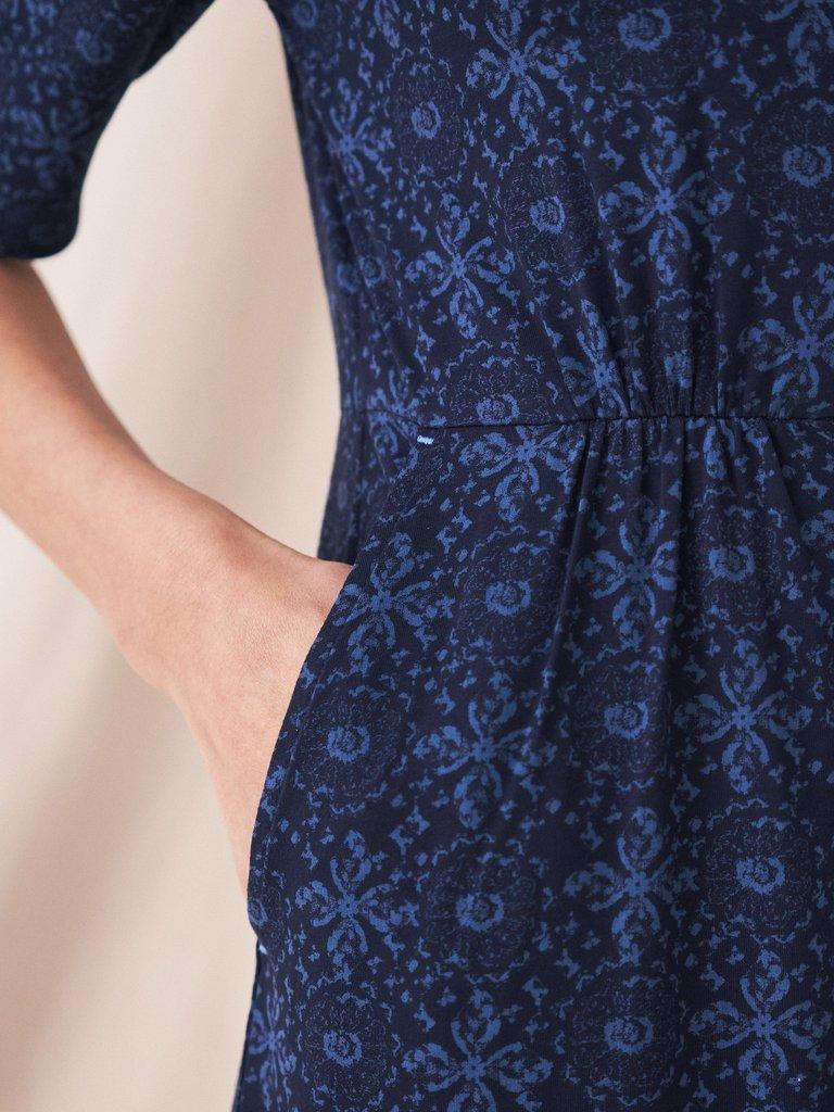 Kara Eco Vero Jersey Dress in NAVY MULTI - MODEL DETAIL