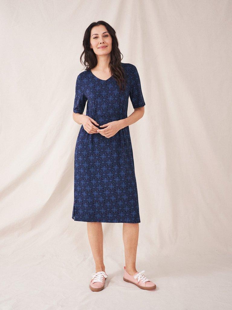 Kara Eco Vero Jersey Dress in NAVY MULTI - MODEL FRONT