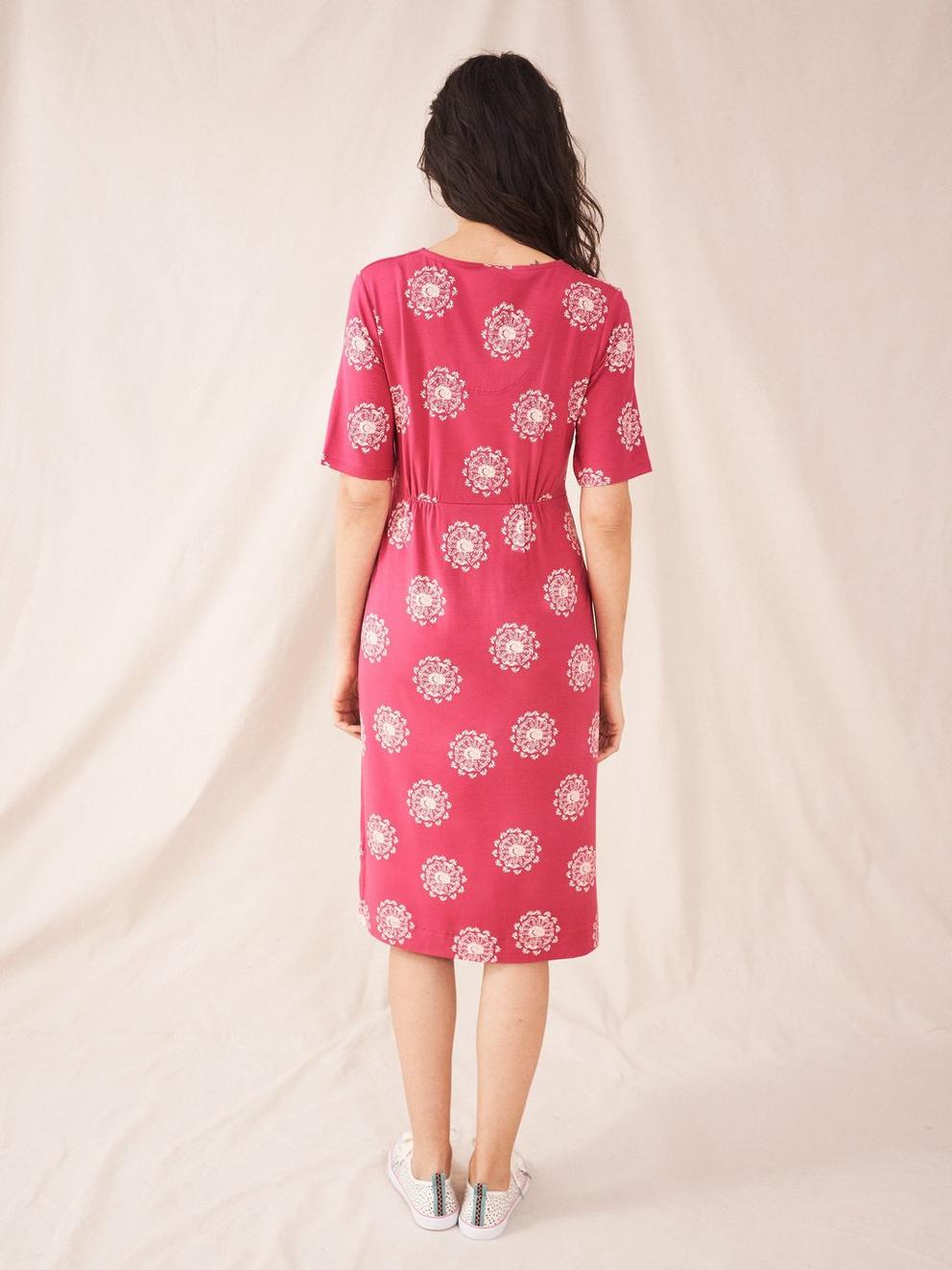 Kara Eco Vero Jersey Dress in RED MLT - MODEL BACK