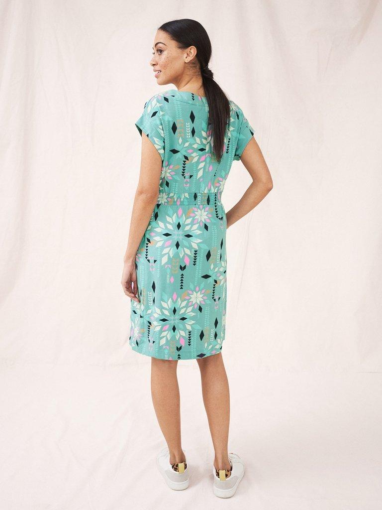 Penny Cotton Jersey Dress in TEAL MLT - MODEL BACK