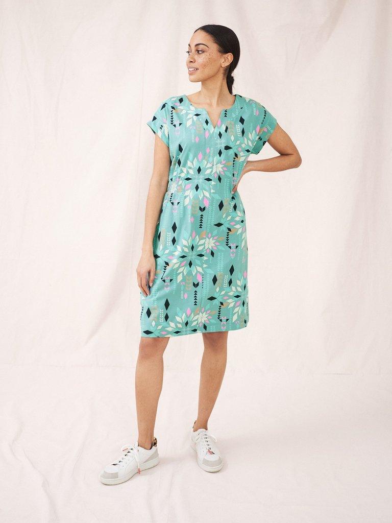 Penny Cotton Jersey Dress in TEAL MLT - MODEL FRONT