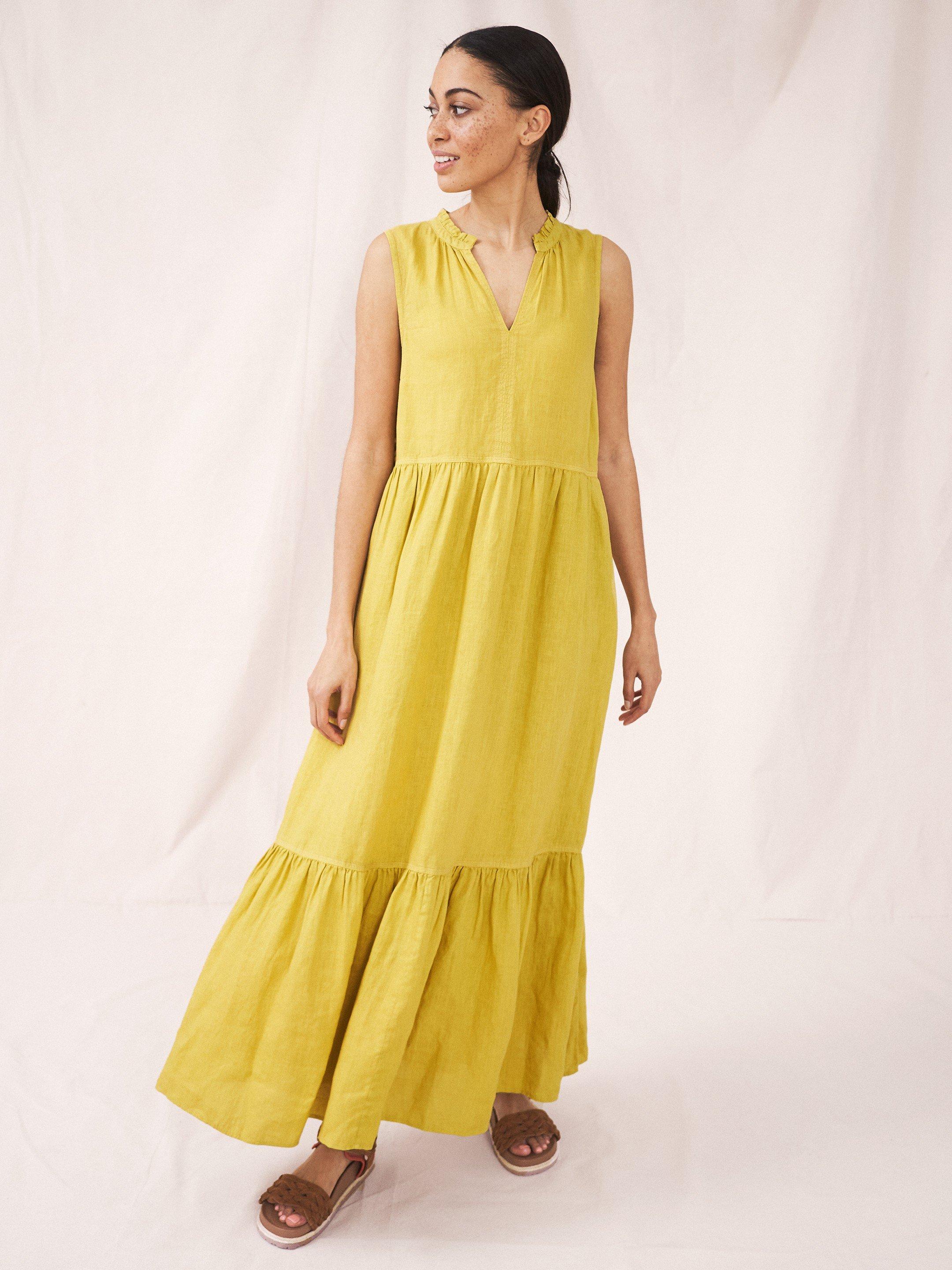 Sophia Linen Maxi Dress in MID CHART - MODEL FRONT