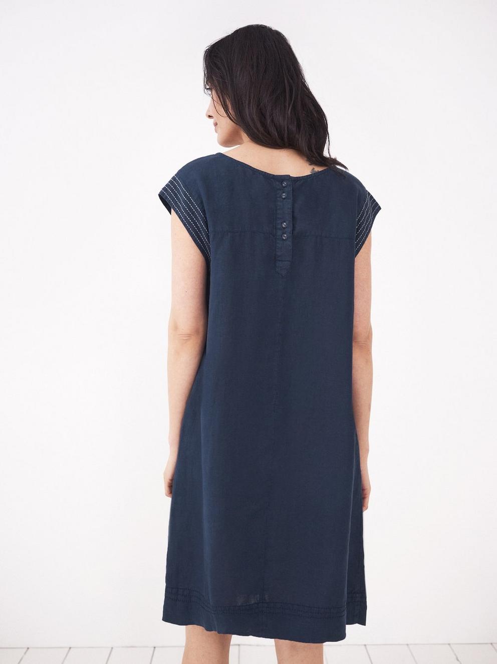 Adele Linen Dress in DARK NAVY - MODEL BACK