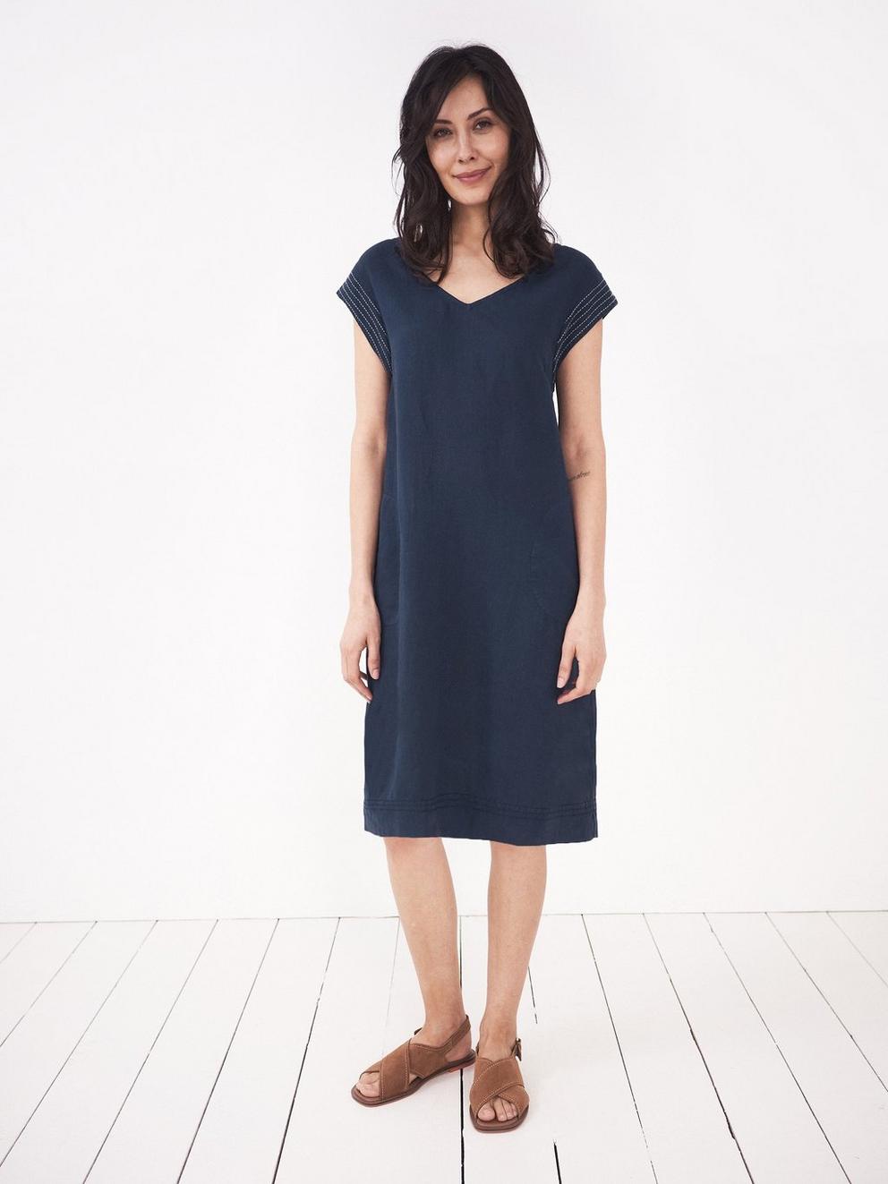 Adele Linen Dress in DARK NAVY - MODEL FRONT