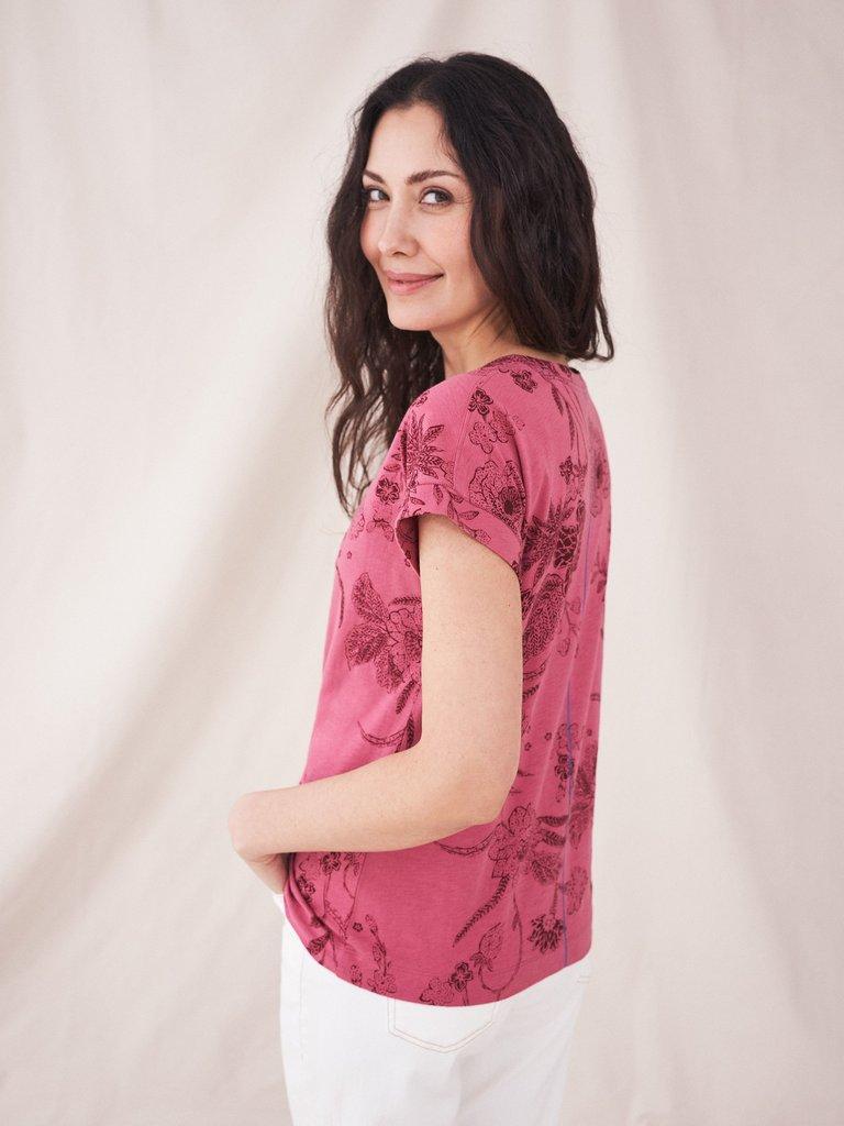 Nelly Notch Printed Tee in PINK PR - MODEL BACK