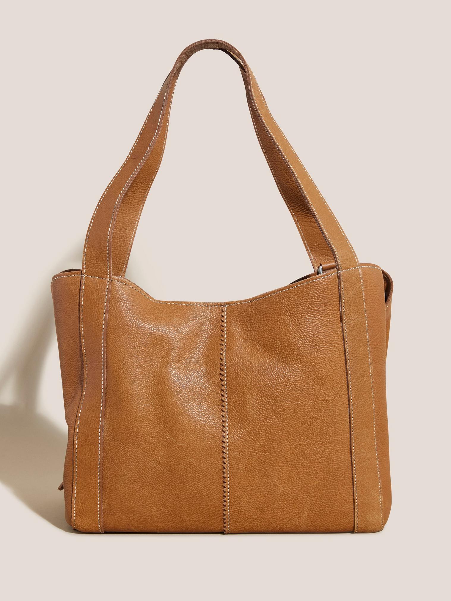 Hannah Leather Tote in MID TAN - MODEL FRONT