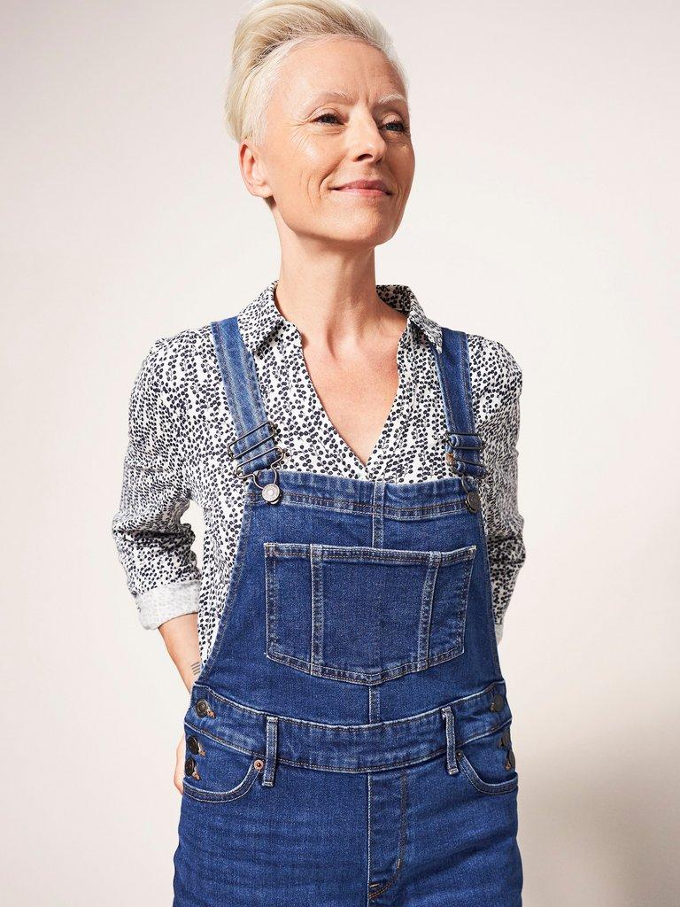 Isabelle Denim Dungaree in MID DENIM - MODEL FRONT