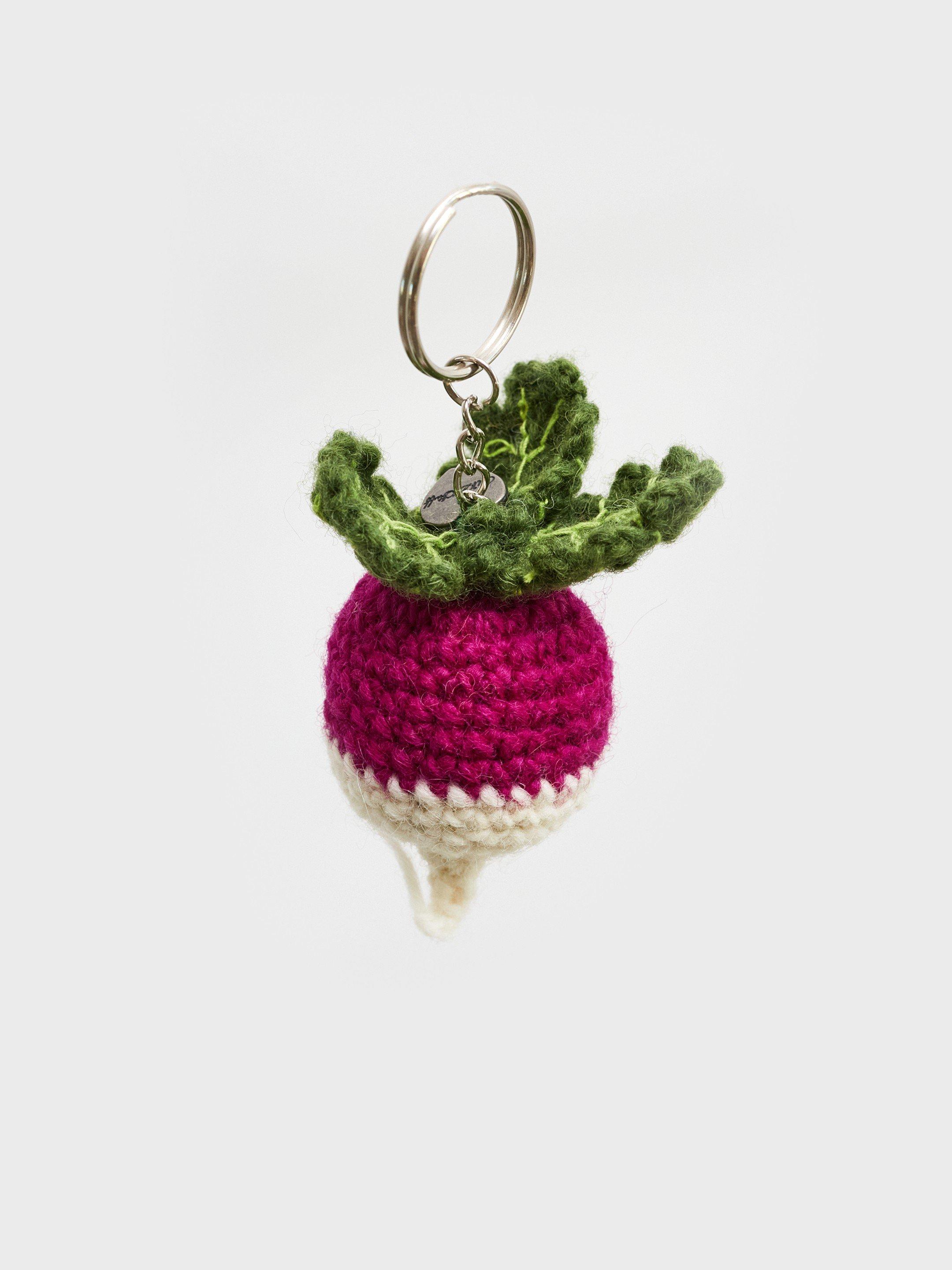 Crochet Radish Keyring in PINK MLT - FLAT DETAIL
