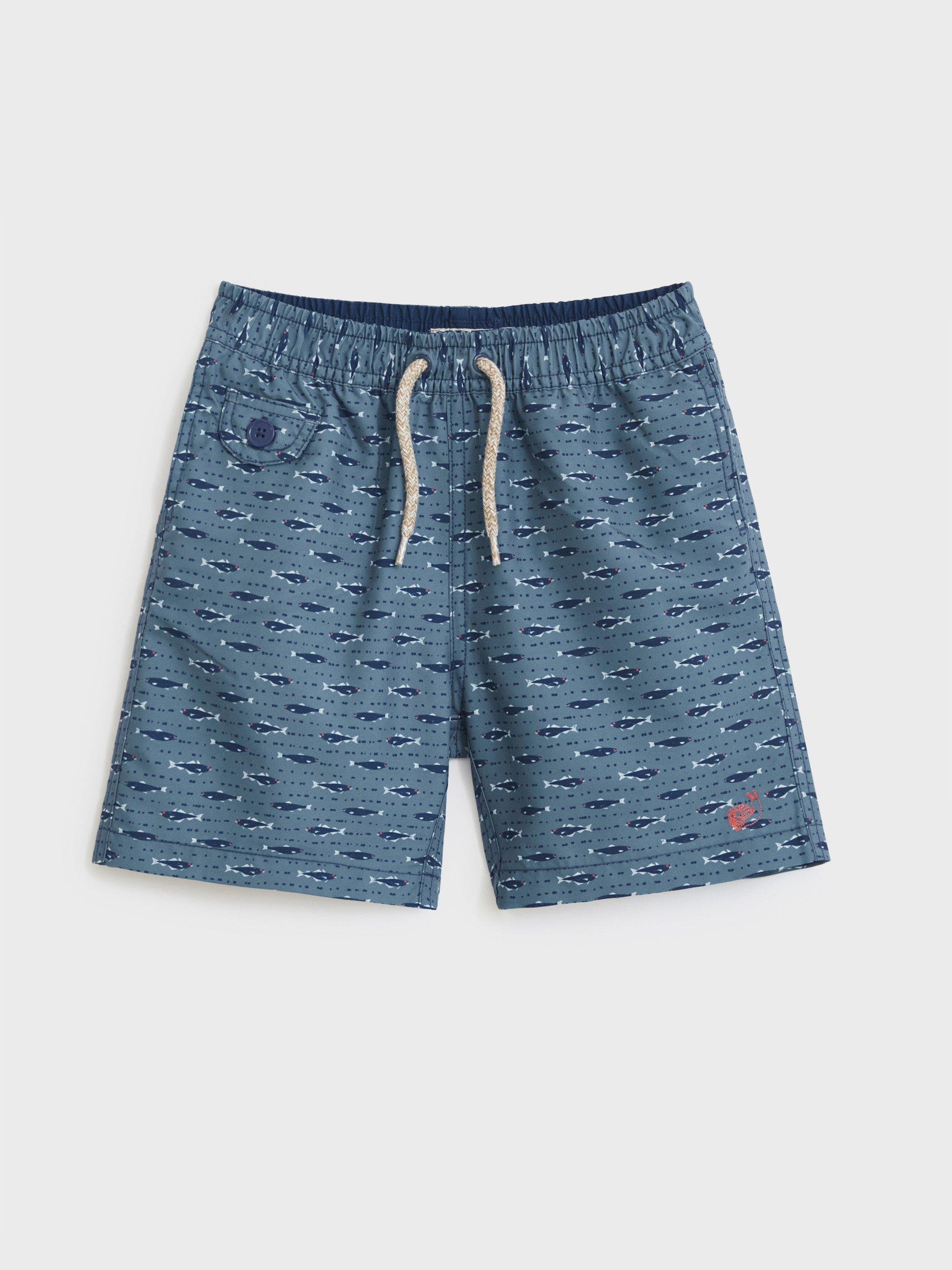 Mini Geo Fish Print Swim Short in BLUE MLT - FLAT FRONT