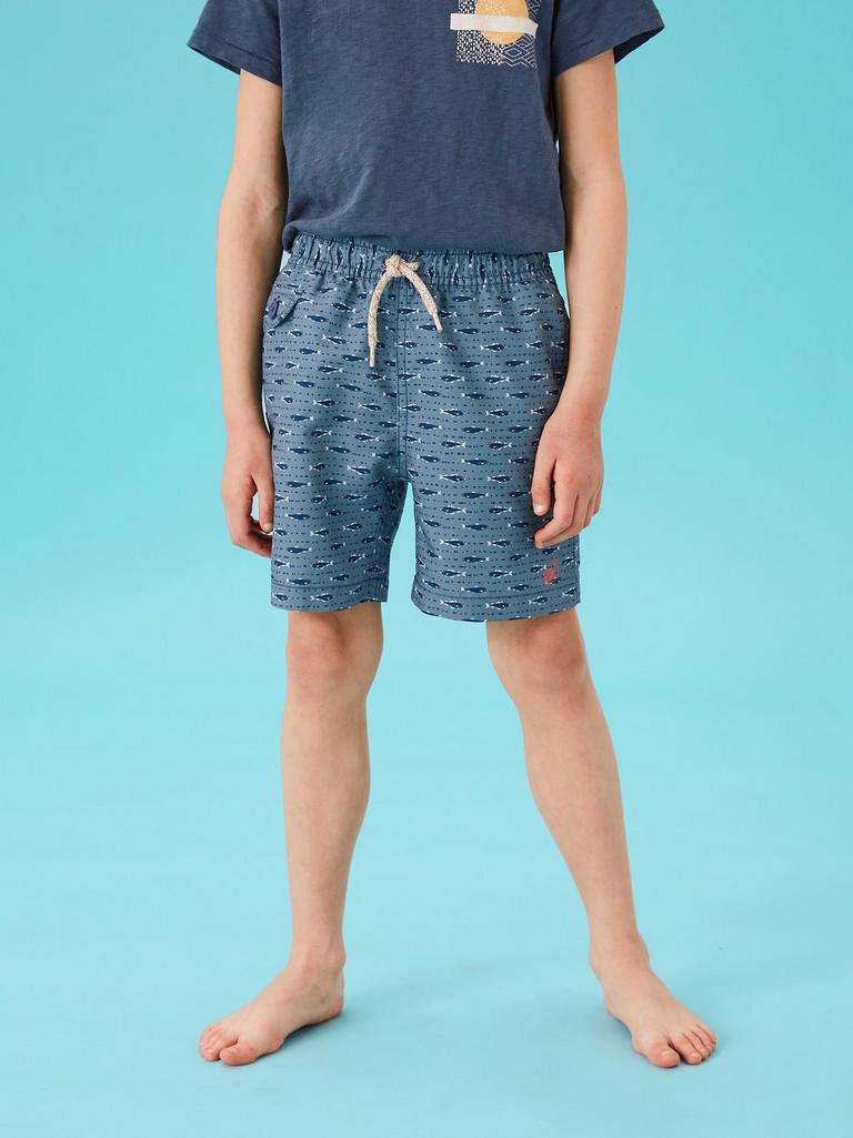 Mini Geo Fish Print Swim Short in BLUE MLT - MODEL DETAIL