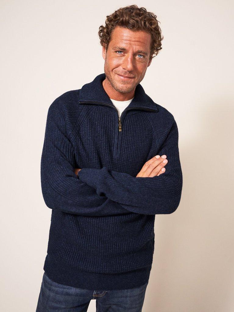 Mead Zip Neck Rib Jumper in INDIGO BLE - LIFESTYLE