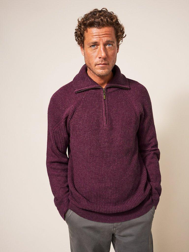 Mead Zip Neck Rib Jumper in MID PLUM - MODEL DETAIL