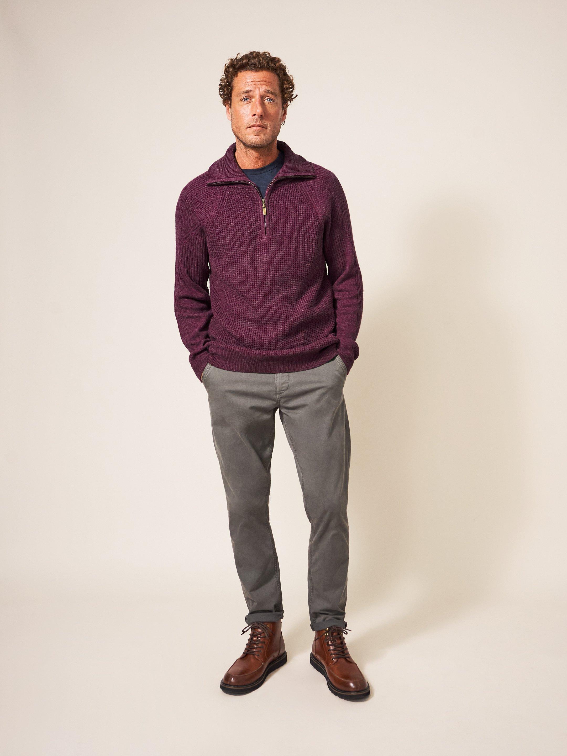 Mead Zip Neck Rib Jumper in MID PLUM - MODEL FRONT