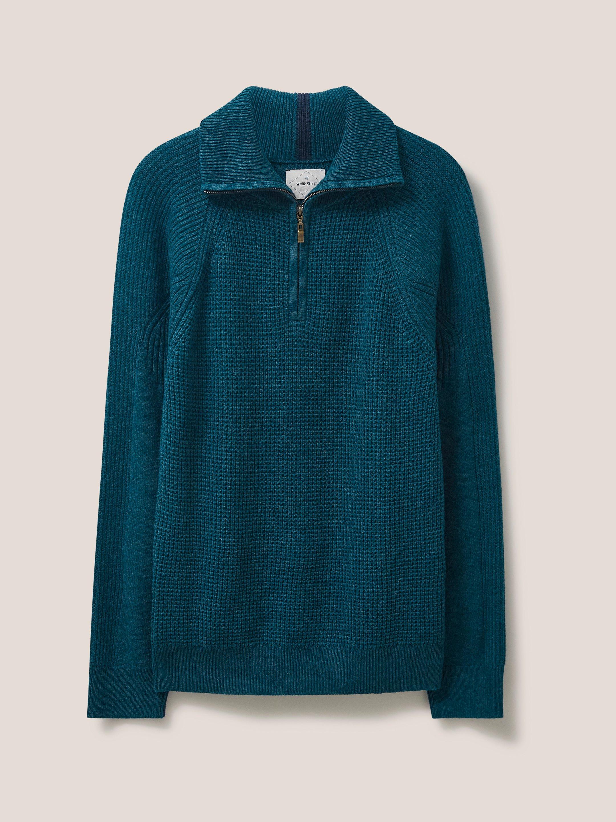 Mead Zip Neck Rib Jumper in MID TEAL - FLAT FRONT