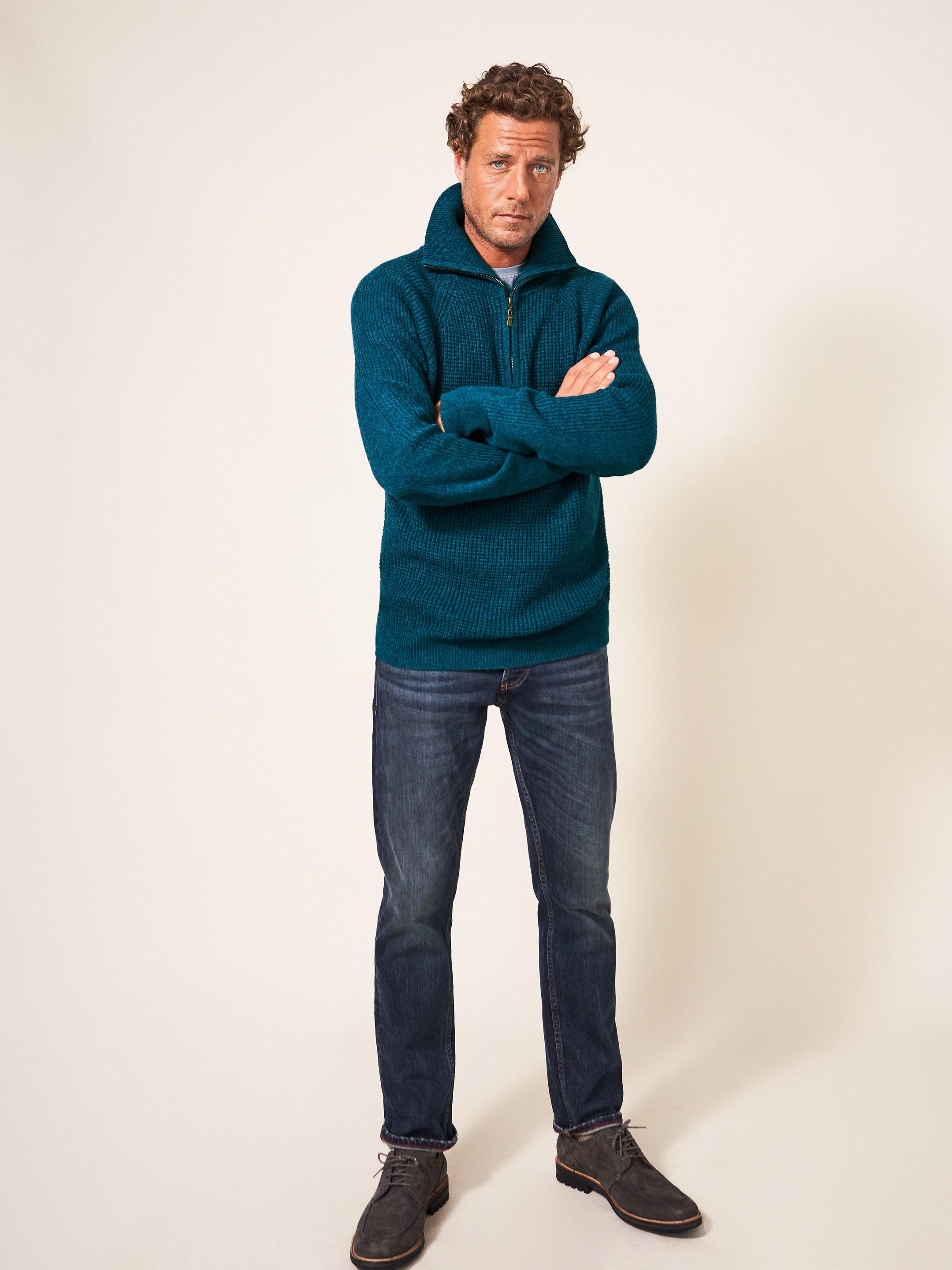 Mead Zip Neck Rib Jumper in MID TEAL - MODEL FRONT
