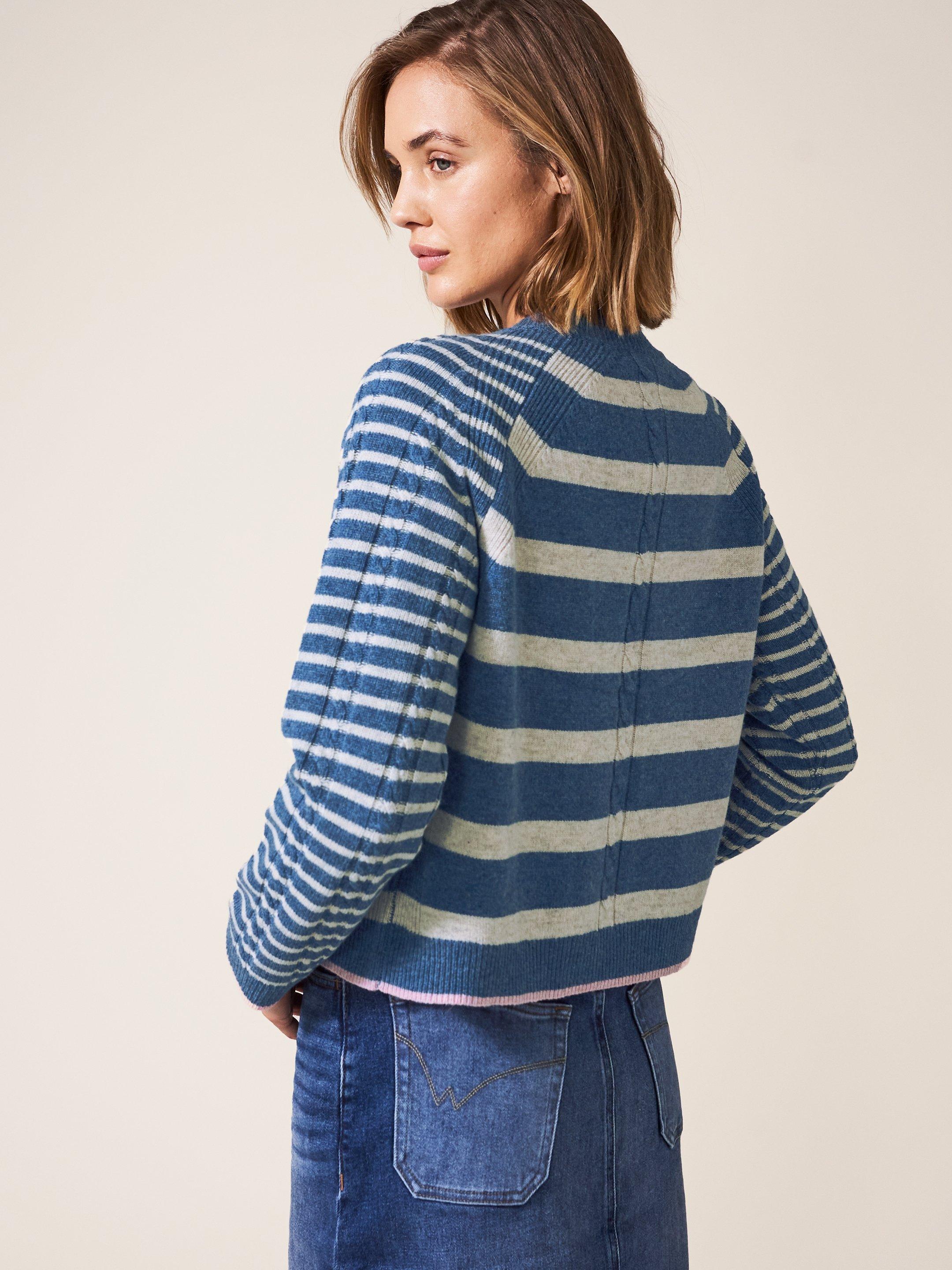 Woodland Cable Cardi in BLUE MLT - MODEL BACK