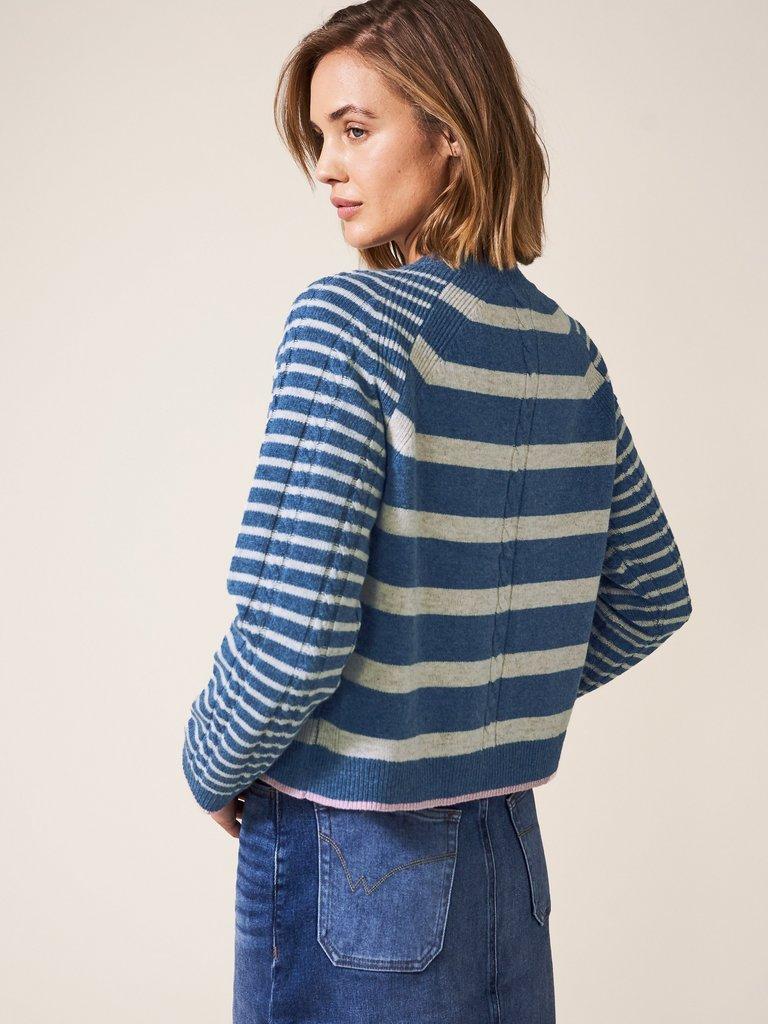 Woodland Cable Cardi in BLUE MLT - MODEL BACK