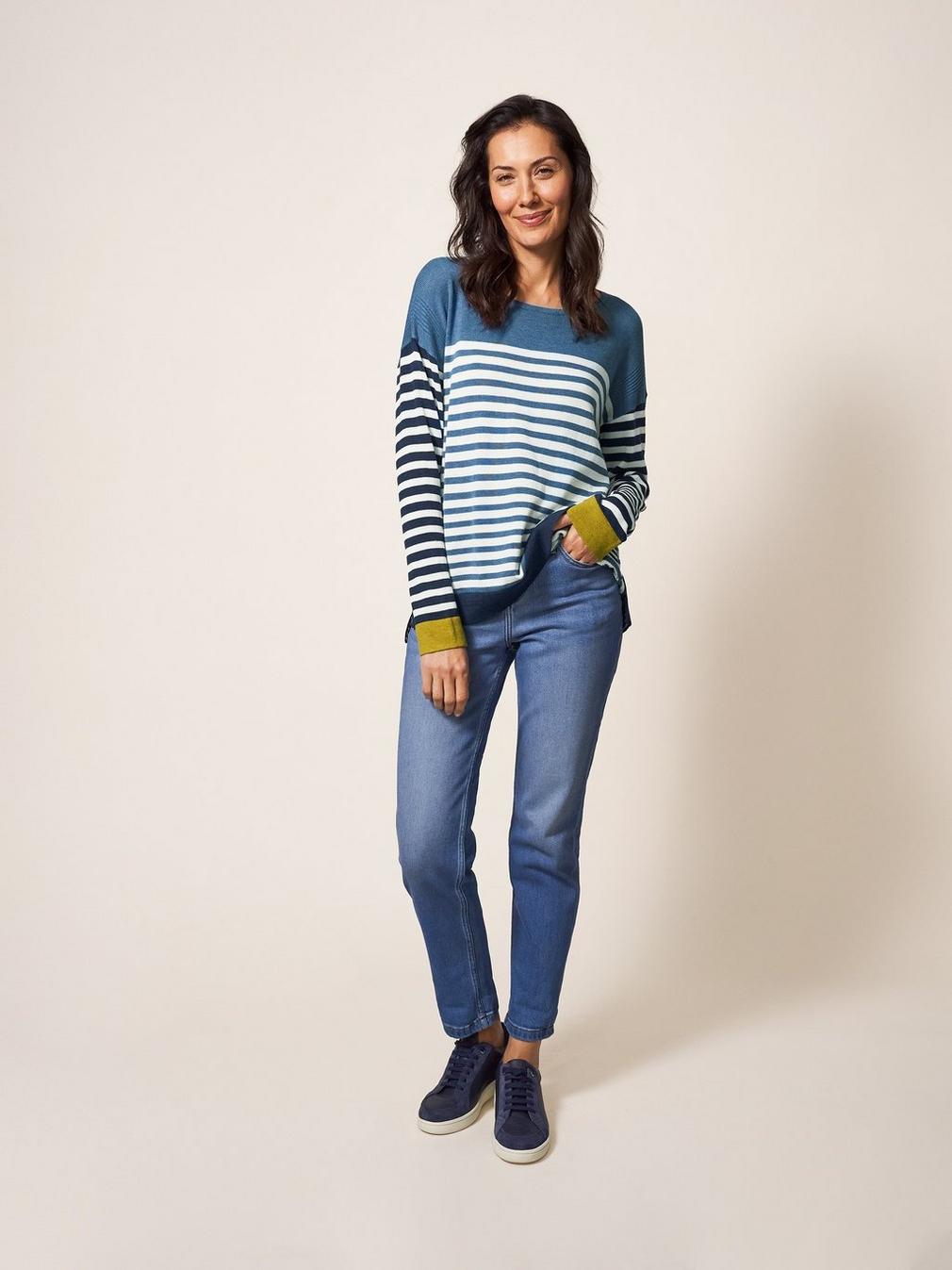 Olivia Colour Block Stripe Jumper in WHITE MLT - MODEL FRONT