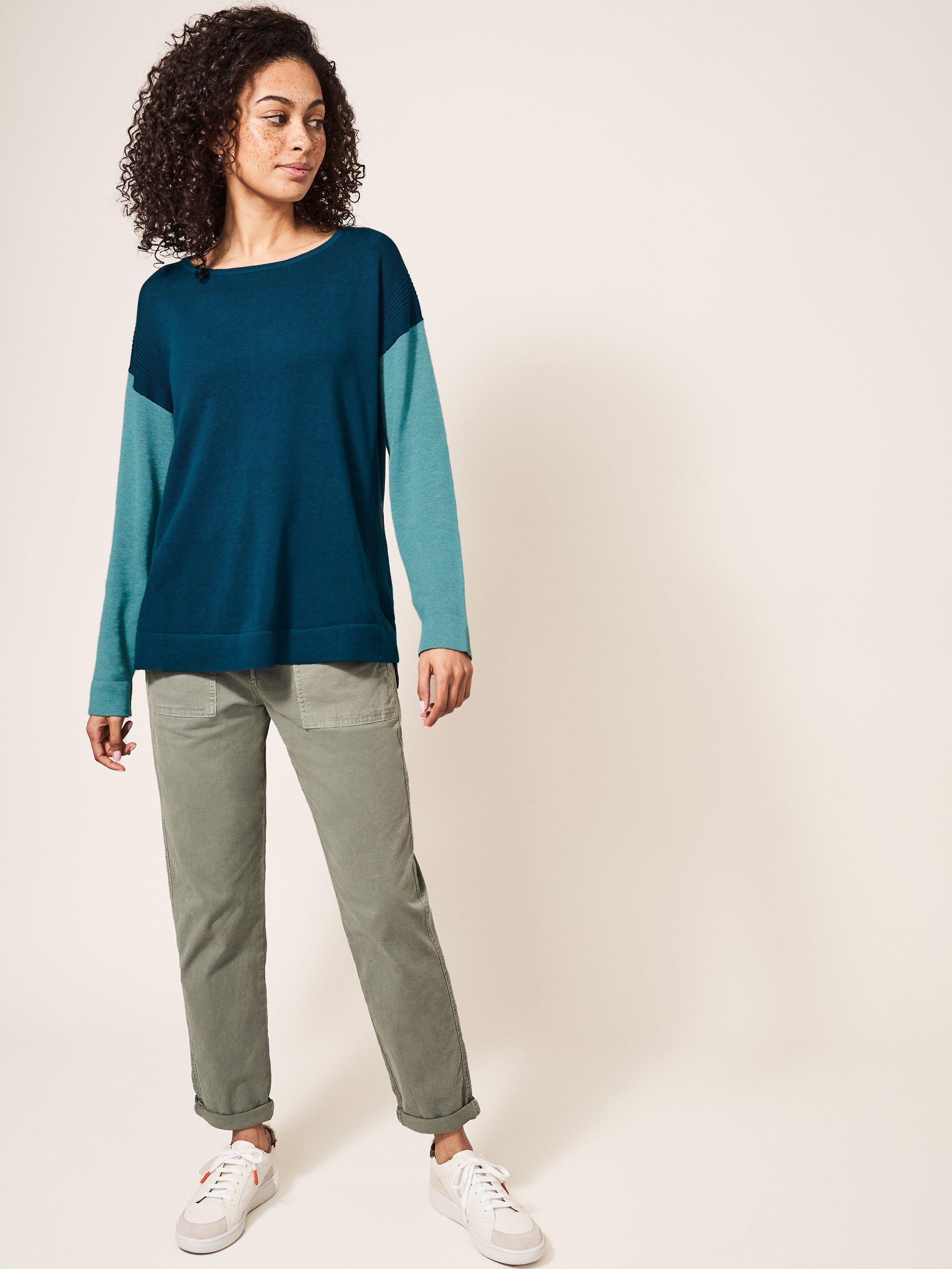 Olivia Crew Neck Jumper in DK TEAL - MODEL FRONT