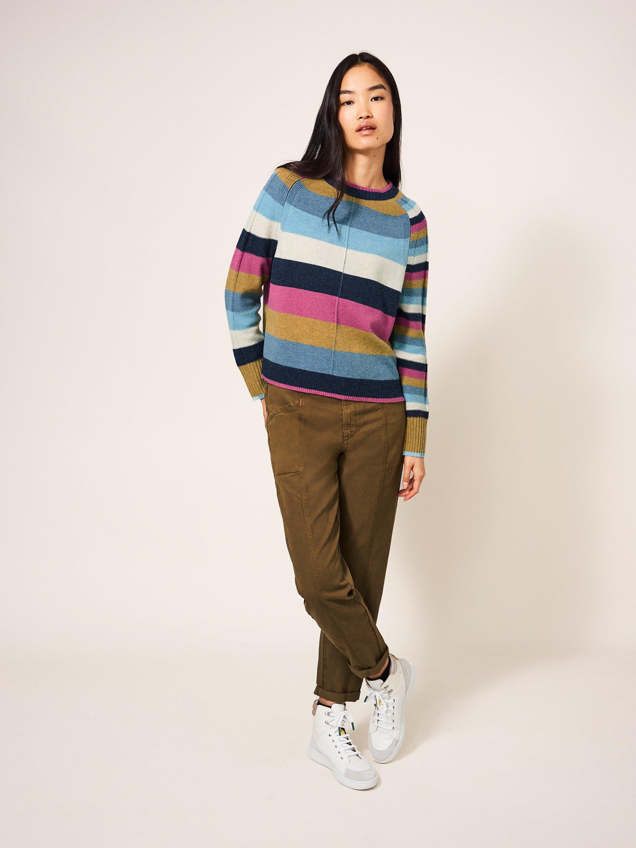 Multi Stripe Jumper in TEAL MLT - MODEL FRONT