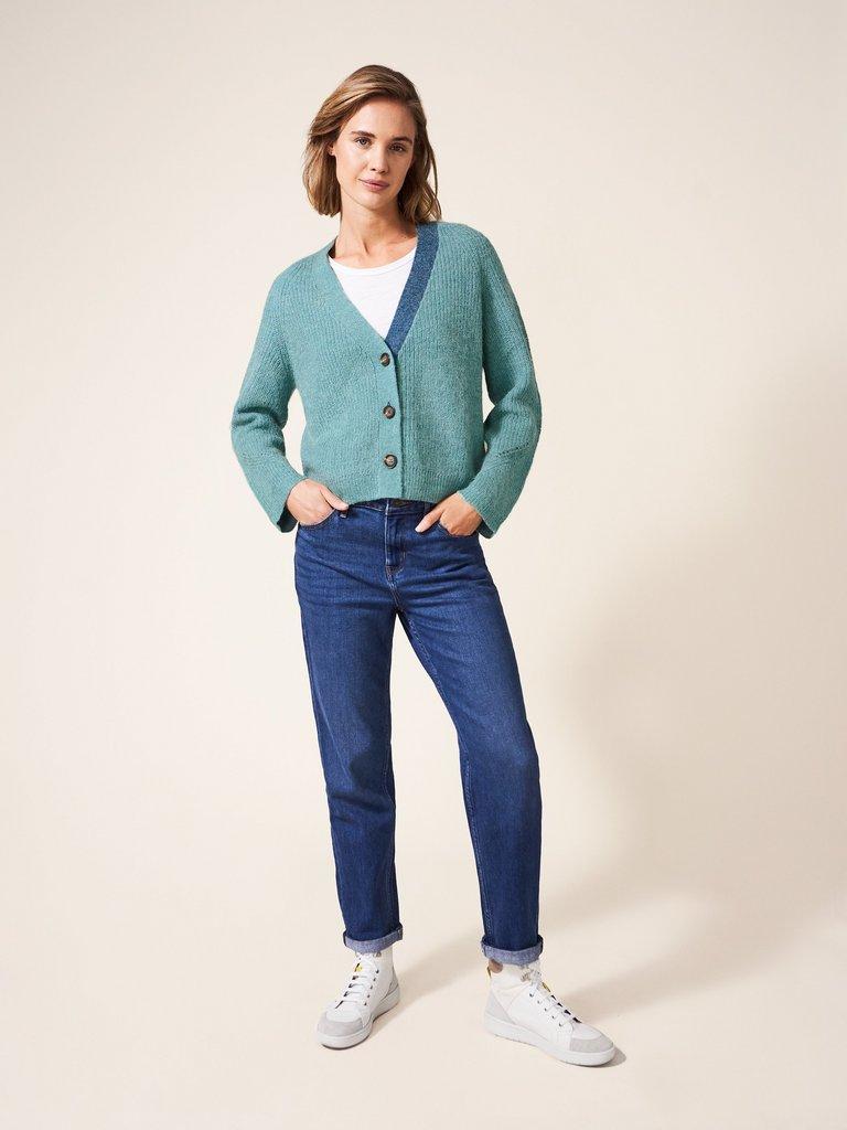 Dehlia Knitted Cardi in MID TEAL - MODEL FRONT