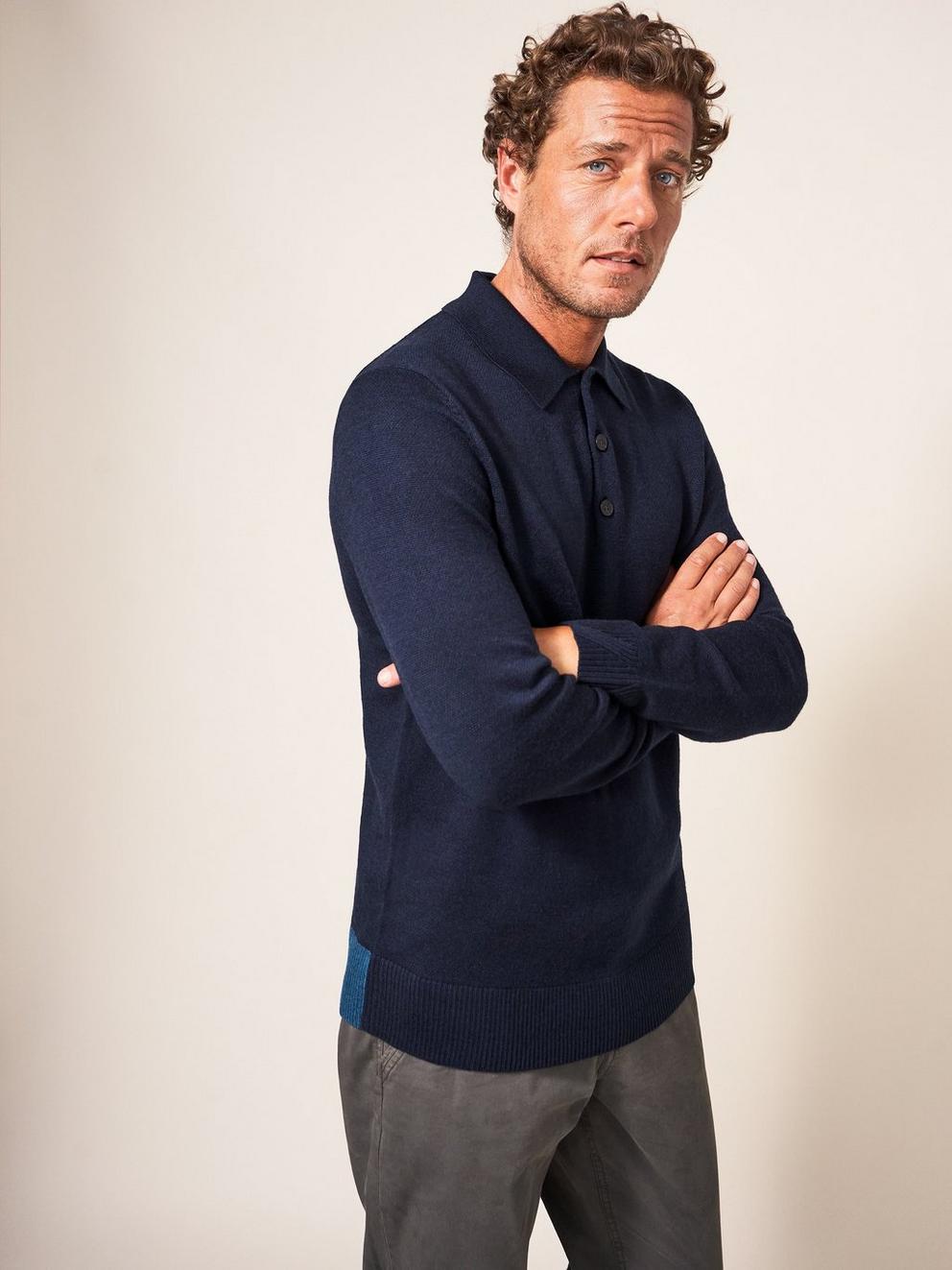 Newport Merino Polo in DARK NAVY - MODEL FRONT