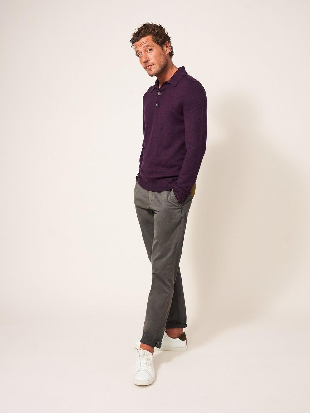 Newport Merino Polo in MID PLUM - MODEL FRONT