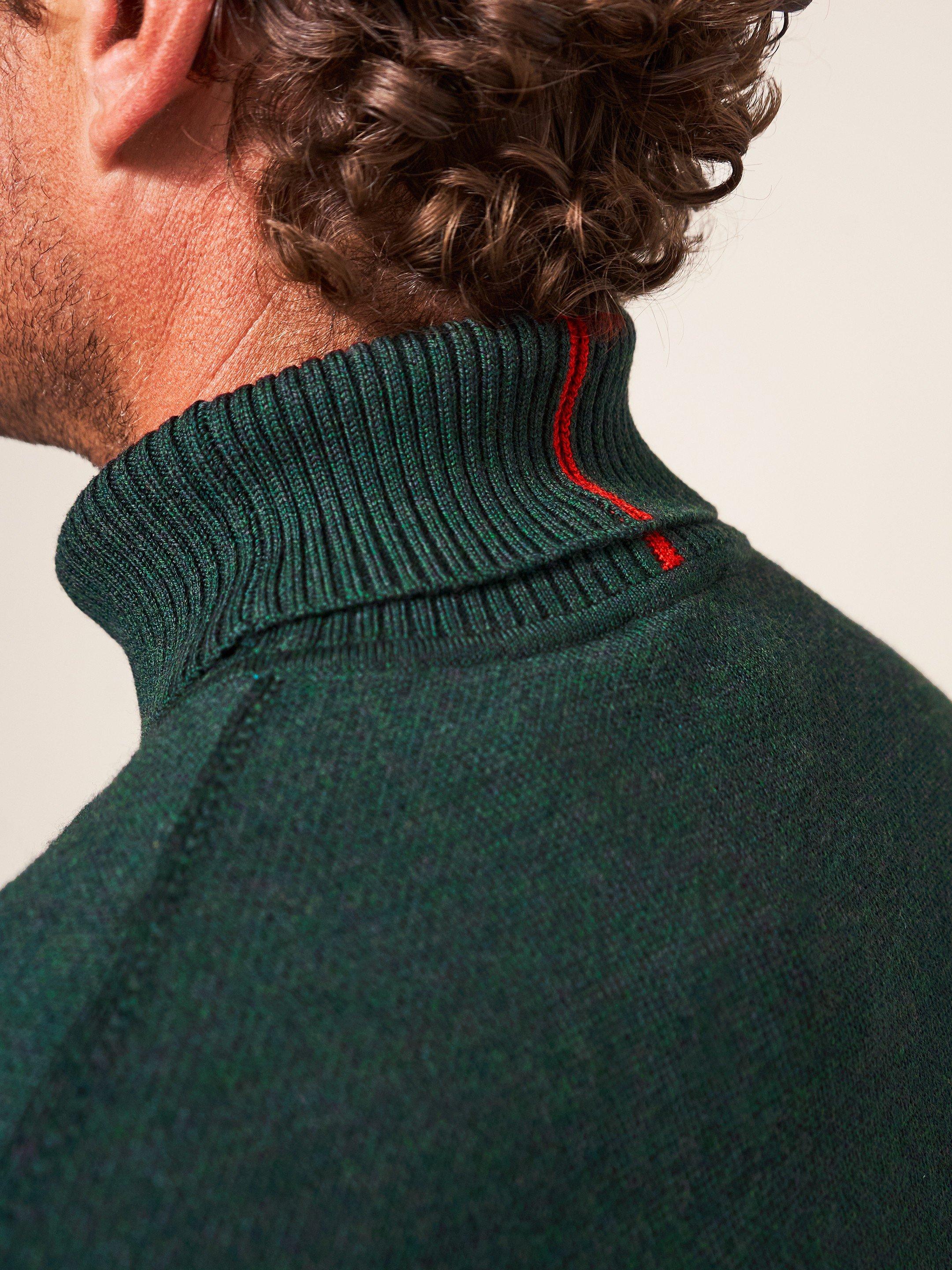 Newport Merino Roll Neck in DK GREEN - MODEL DETAIL