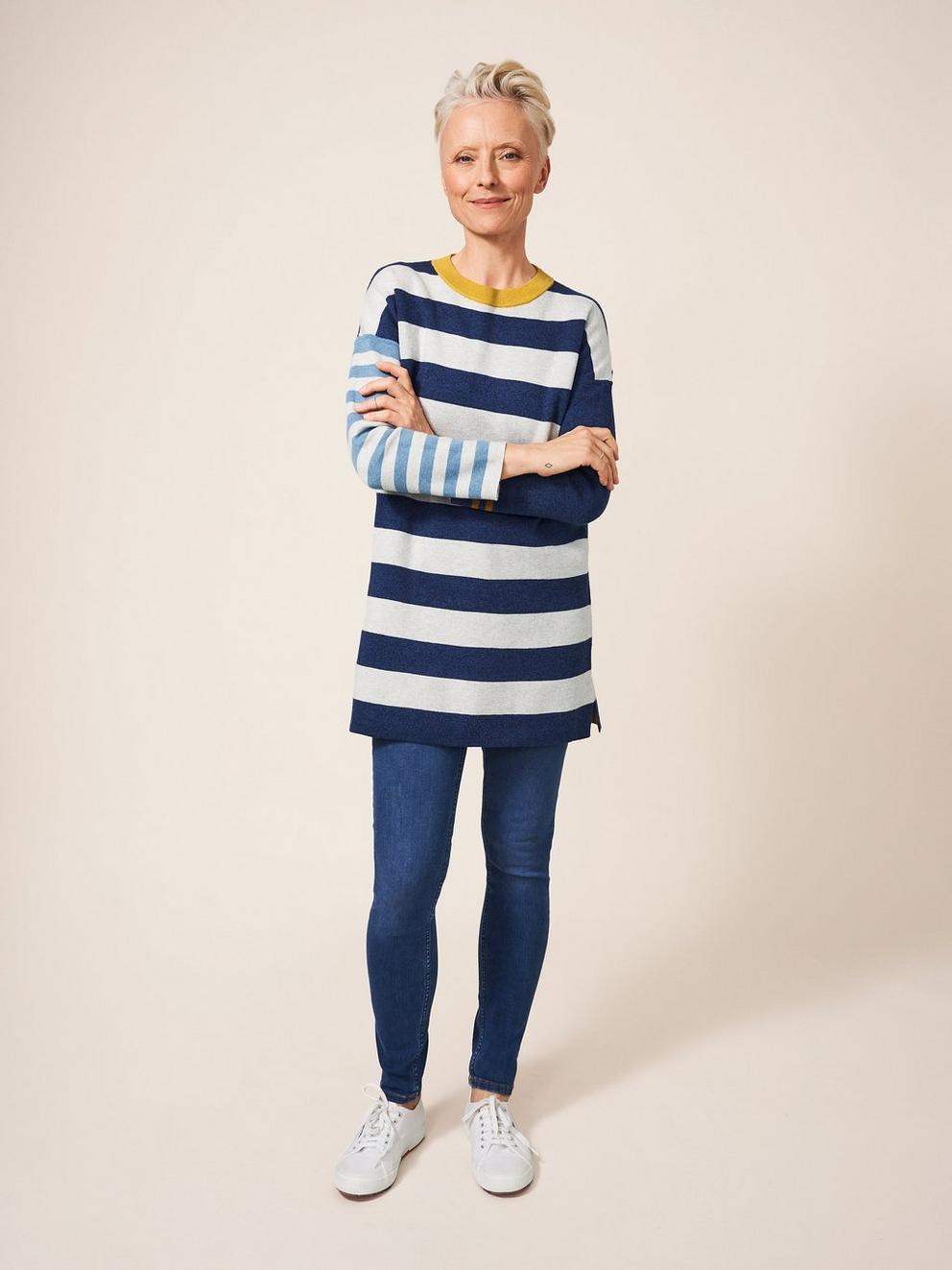 Reversible Stripe Tunic in NAVY MULTI - MODEL FRONT