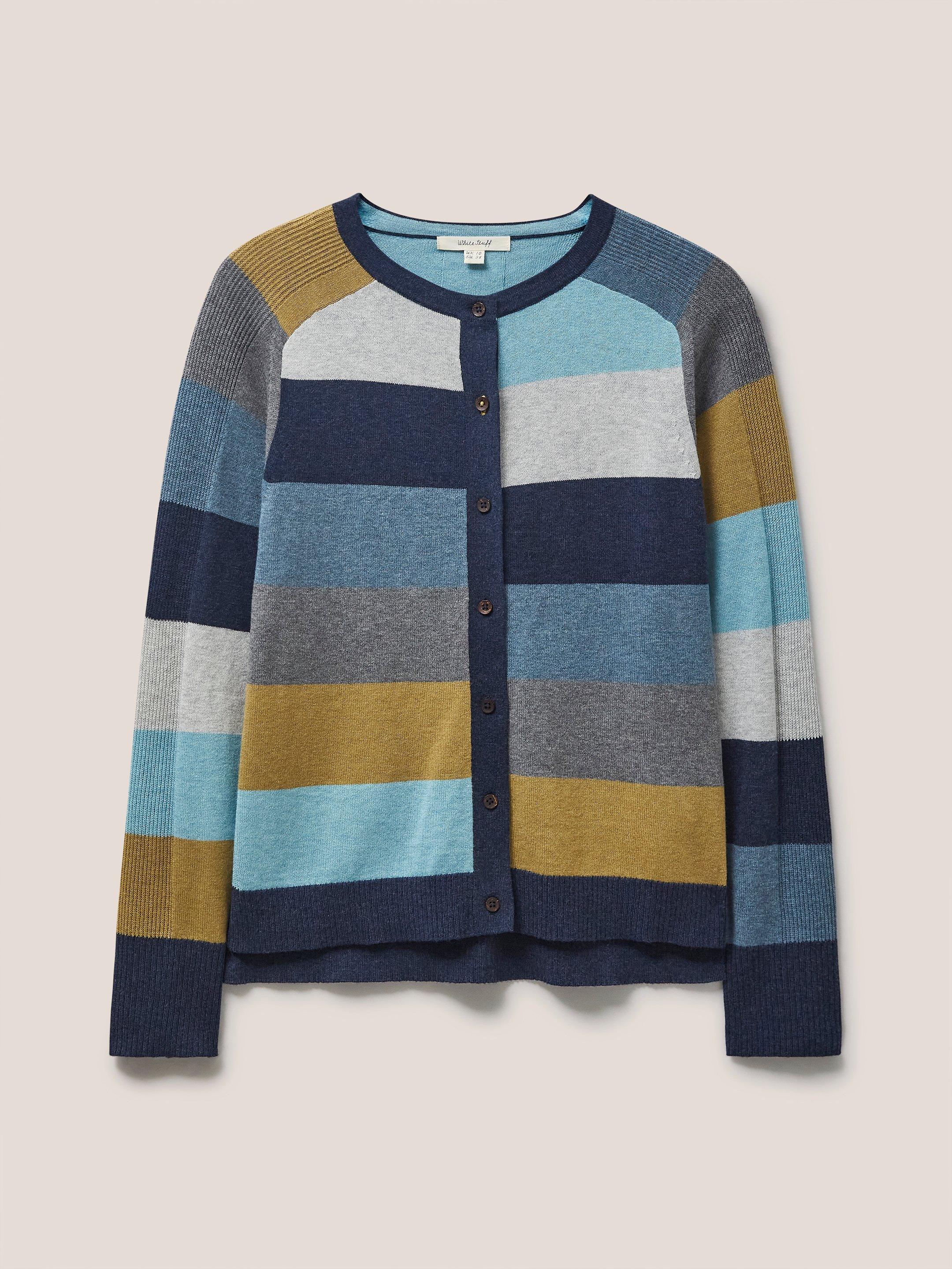 Libby Crew Neck Stripe Cardi in TEAL MLT - FLAT FRONT