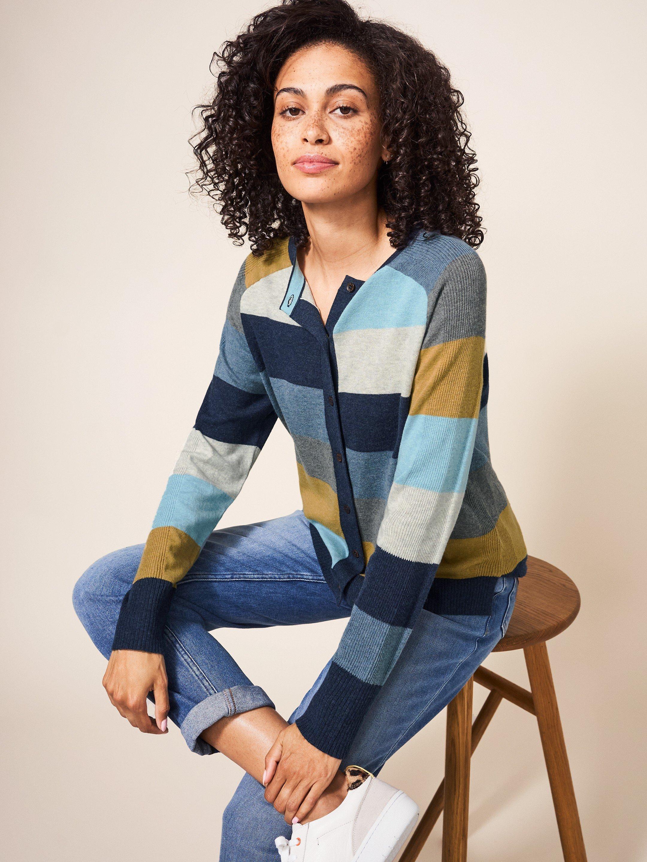 Libby Crew Neck Stripe Cardi in TEAL MLT - LIFESTYLE