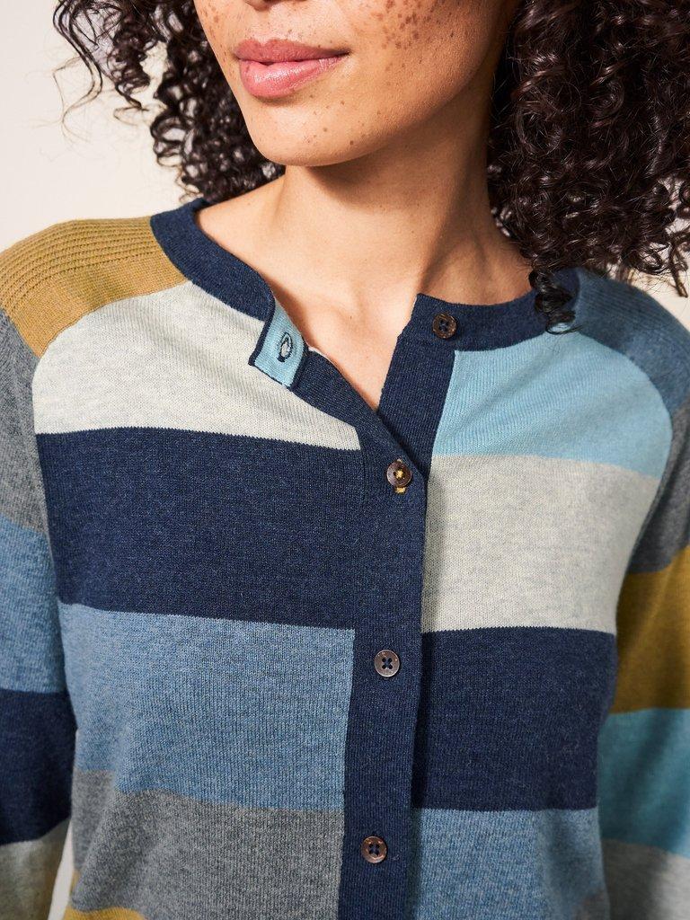 Libby Crew Neck Stripe Cardi in TEAL MLT - MODEL DETAIL