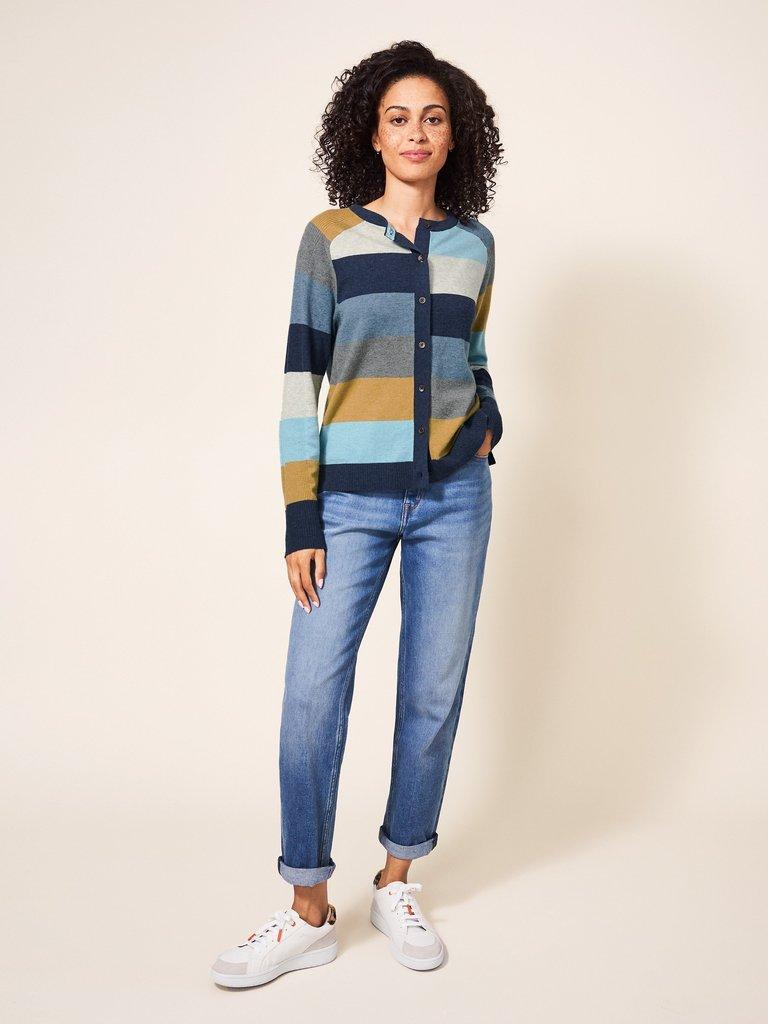 Libby Crew Neck Stripe Cardi in TEAL MLT - MODEL FRONT