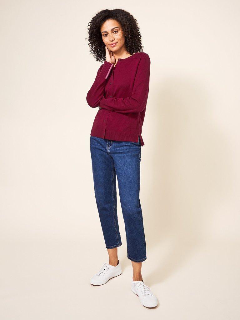 Libby Crew Neck Cardi in DK RED - MODEL FRONT