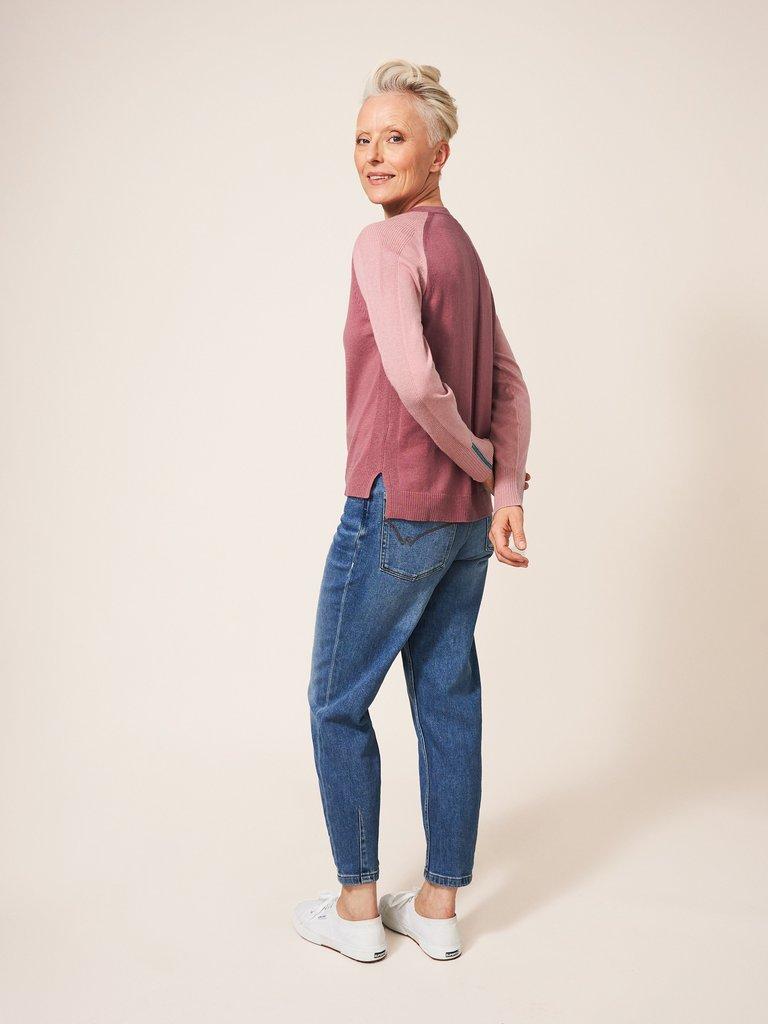 Libby Crew Neck Cardi in DUS PINK - MODEL BACK
