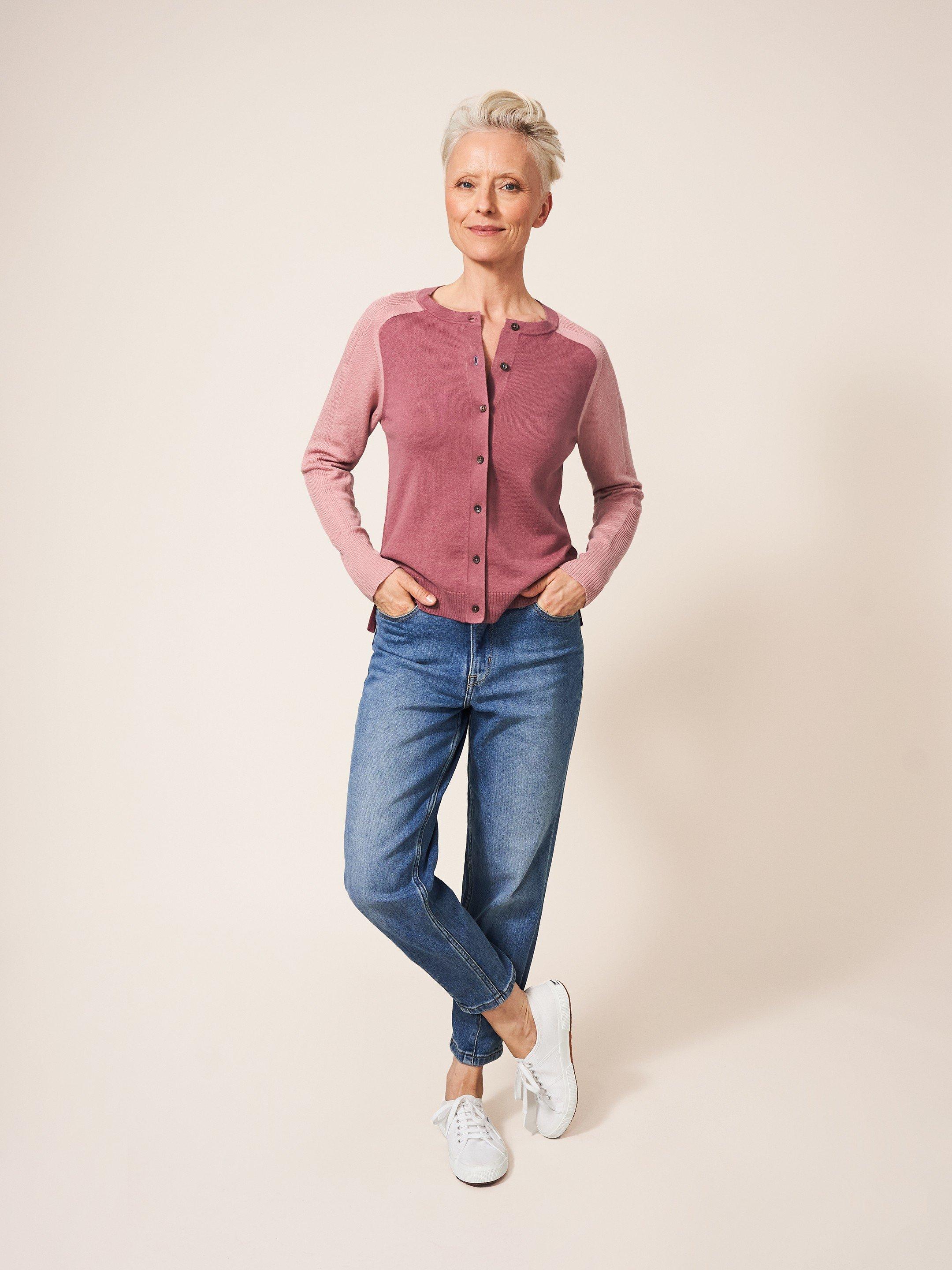 Libby Crew Neck Cardi in DUS PINK - MODEL FRONT